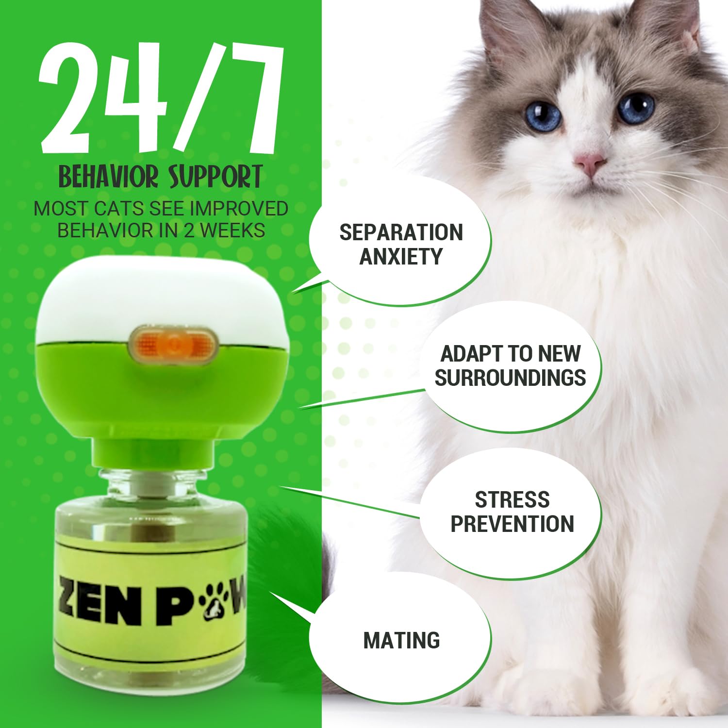 Zenpaws Cat Calming Pheromone Diffuser - 60 Day Starter Kit for Stress Relief in Cats | Reduces Anxiety During Travel, Vet Visits & Stops Spraying/Scratching | Perfect for Multi-Cat Homes & Moving Stress