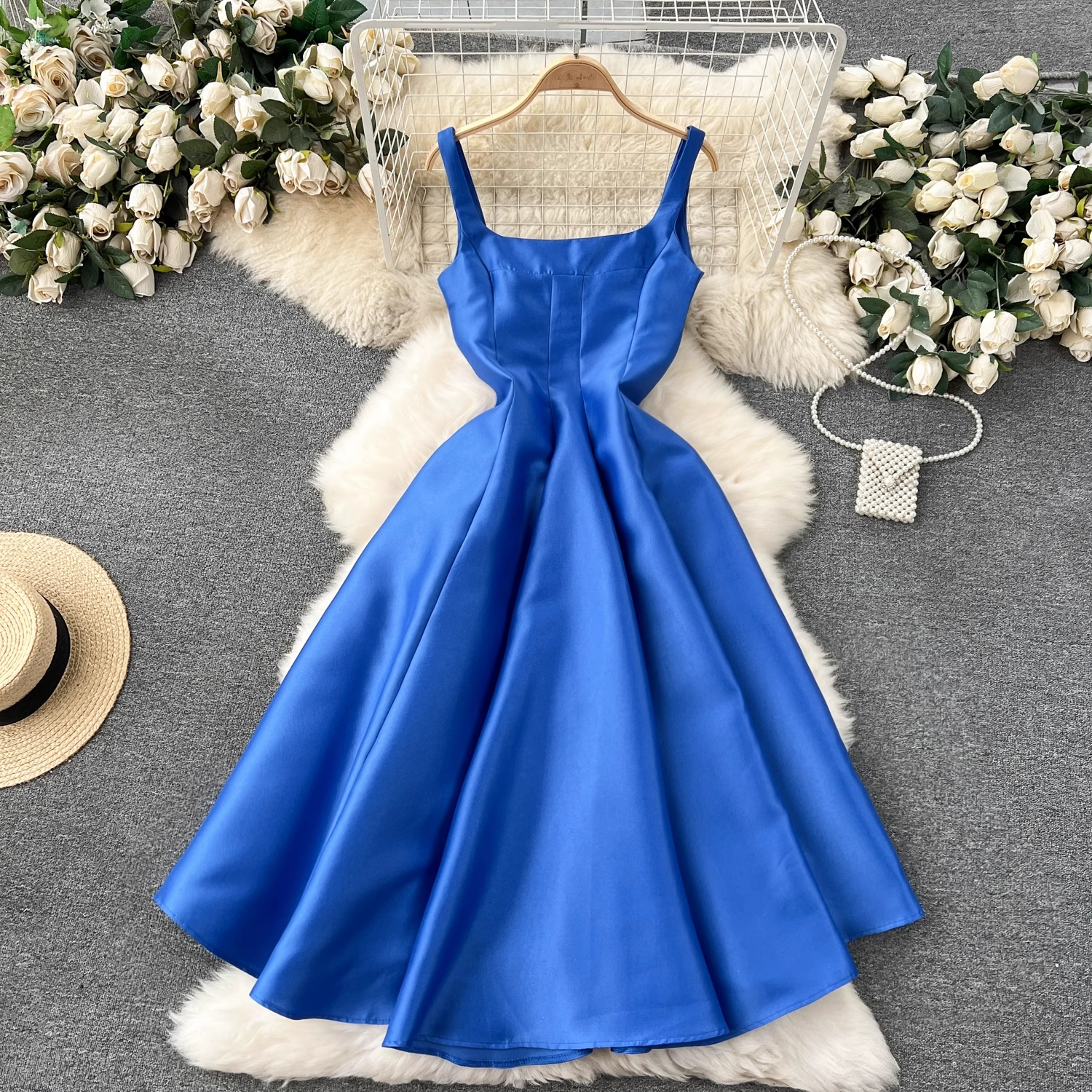 French Square Neck Midi Sleeveless Dress - Elegant Summer Flowy Dress for Women, Perfect for Beach Vacations, Weddings & Date Nights