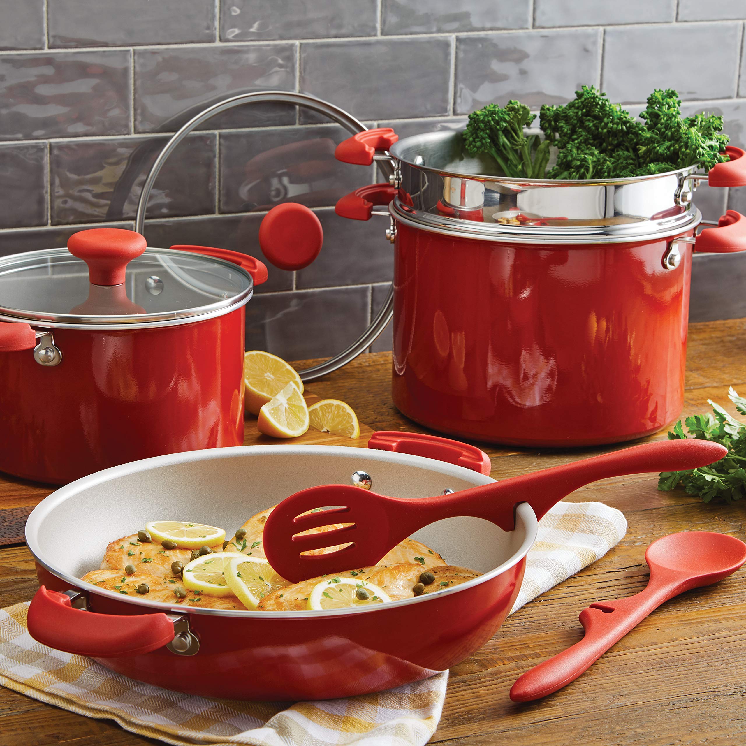 Rachael Ray 8-Piece Nonstick Cookware Set - Stackable Pots and Pans, Red | Durable Kitchen Essentials for Everyday Cooking, Baking & Meal Prep