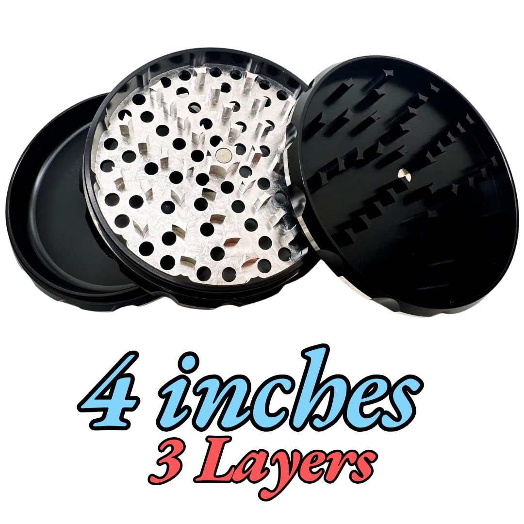 4 Inch Aluminum Alloy Herb Grinder - 3 Layer Spice Crusher with Ergonomic Grip (9 Color Options) - Perfect for Grinding Herbs, Spices & Tobacco at Home, Travel or Outdoor Adventures (Black, No Screen)