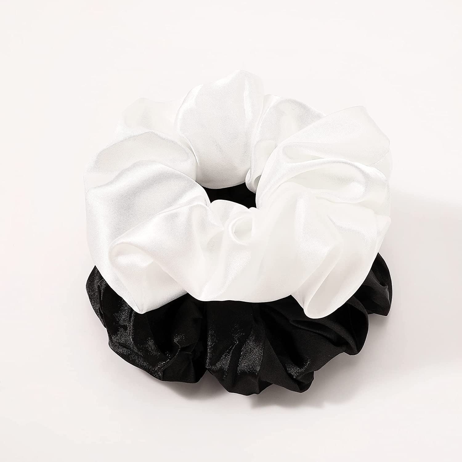 FAMEZA Silk Scrunchies Hair Ties for Women & Girls - No Damage Hair Bands for Thick Hair, Soft Ponytail Holders (2 Pack, Black & White) - Perfect for Workouts, Office & Everyday Use