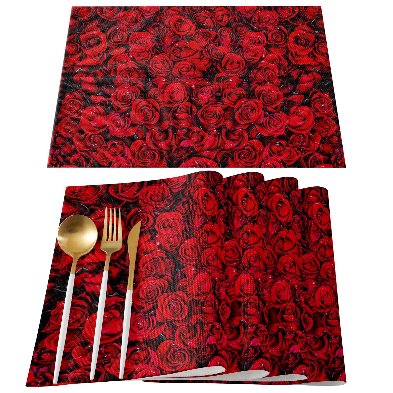 Valentine's Day Red Rose Floral Placemats Set of 4 - 13x19 Inch Washable & Wipeable Dining Table Mats for Kitchen, Patio, Restaurant - Romantic Home Decor & Gift Idea