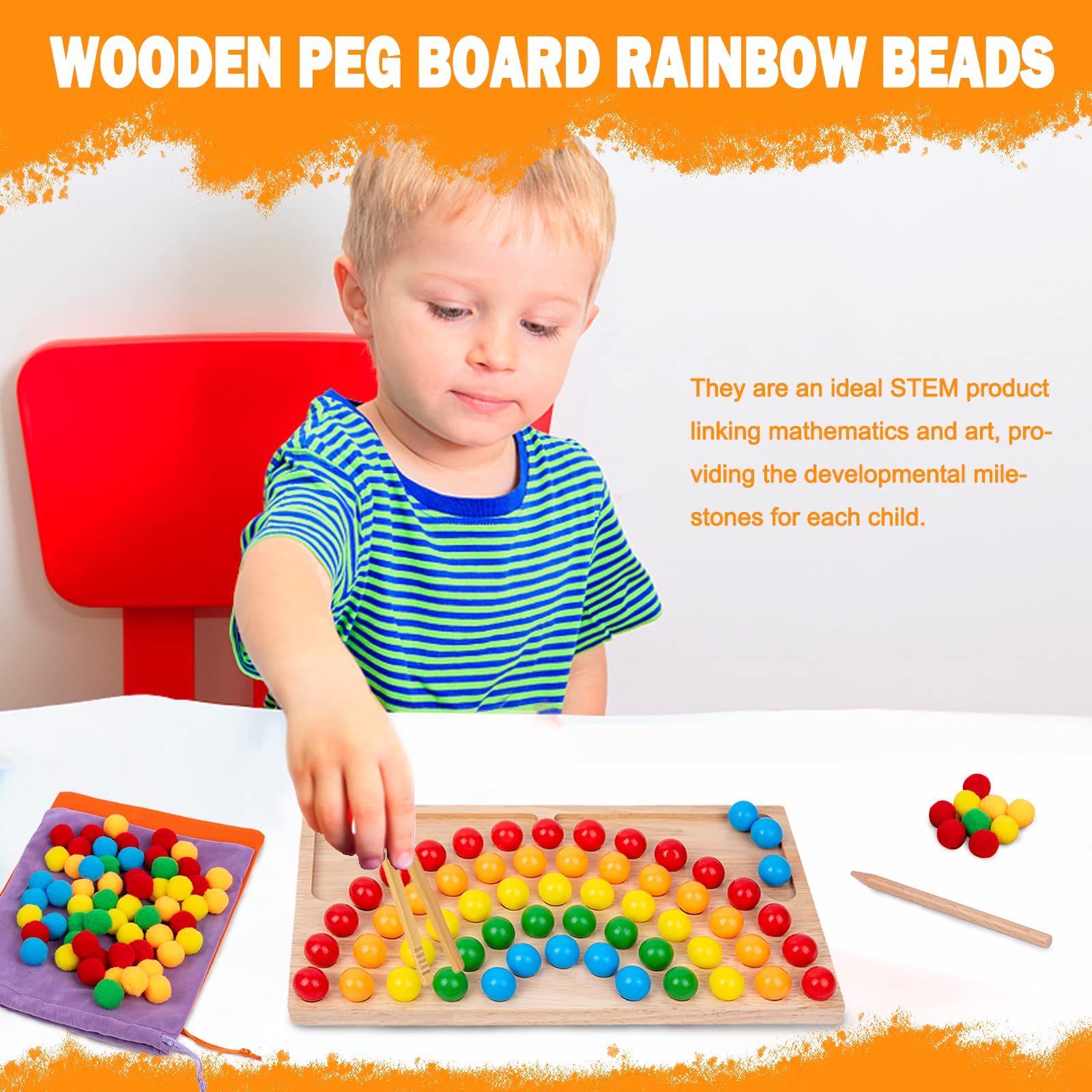 Montessori Wooden Peg Balls - Double-Sided Rainbow Beads Counting & Matching Game for Kids - Fine Motor Skills & Early Learning Sorting Toys - Perfect for Preschool Classroom & Homeschool Activities
