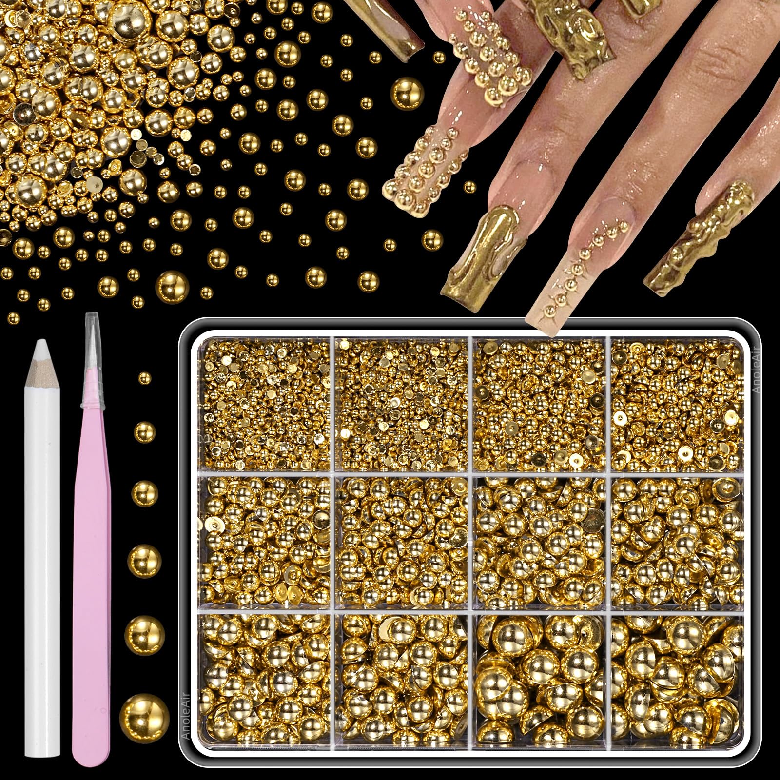 Flatback Half Round Gold Pearl Beads for Nails - 6 Sizes ABS Gold Pearls for DIY Crafts, Nail Art, Embellishing Shoes, Clothes & Bags | Perfect for Jewelry Making, Wedding Decor & Home Craft Projects