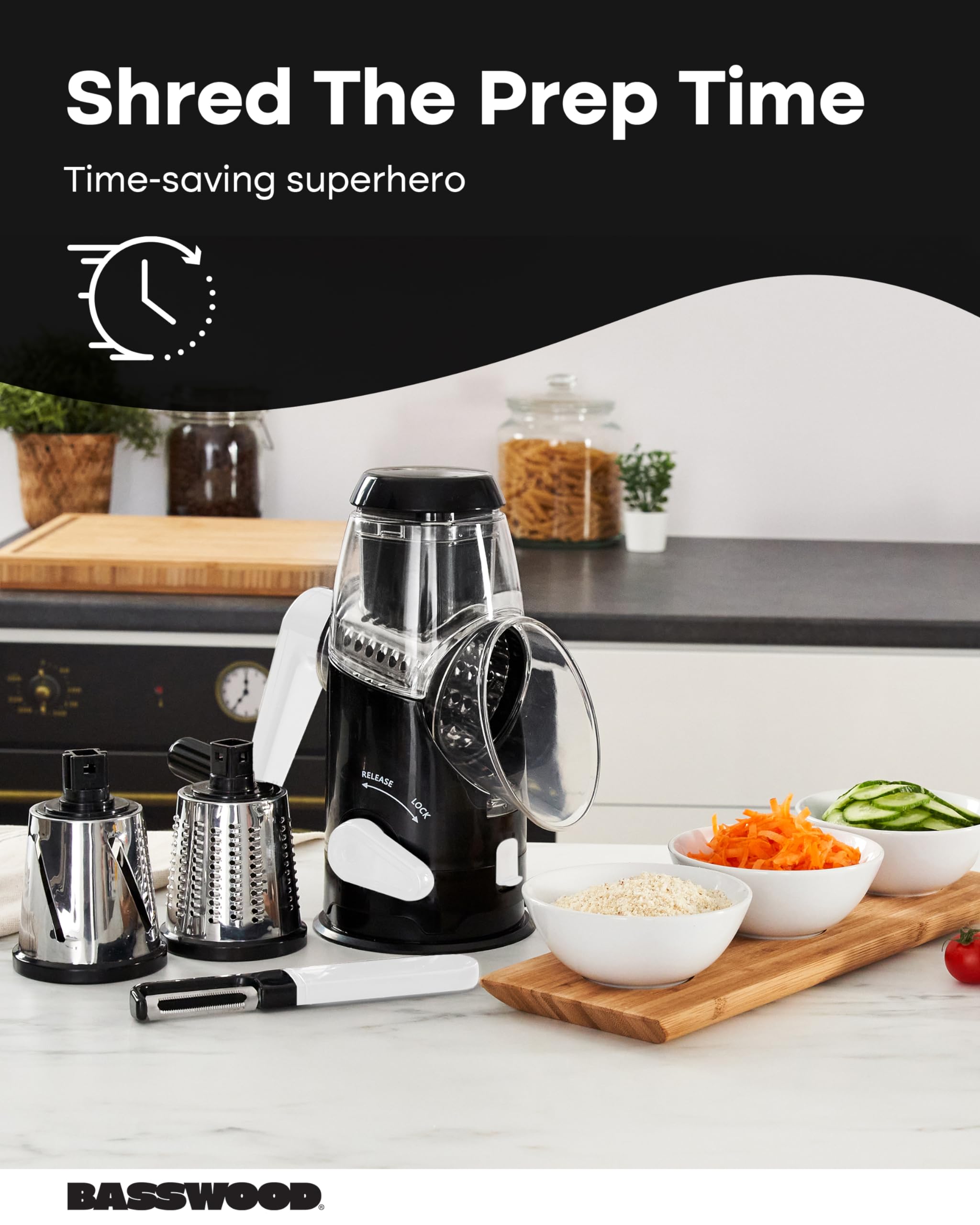 Premium Rotary Cheese Grater with Handle - 3 Stainless Steel Blades for Cheese, Vegetables & Nuts | Mandoline Slicer & Peeler Included | Perfect for Kitchen, Camping & Meal Prep (Black)