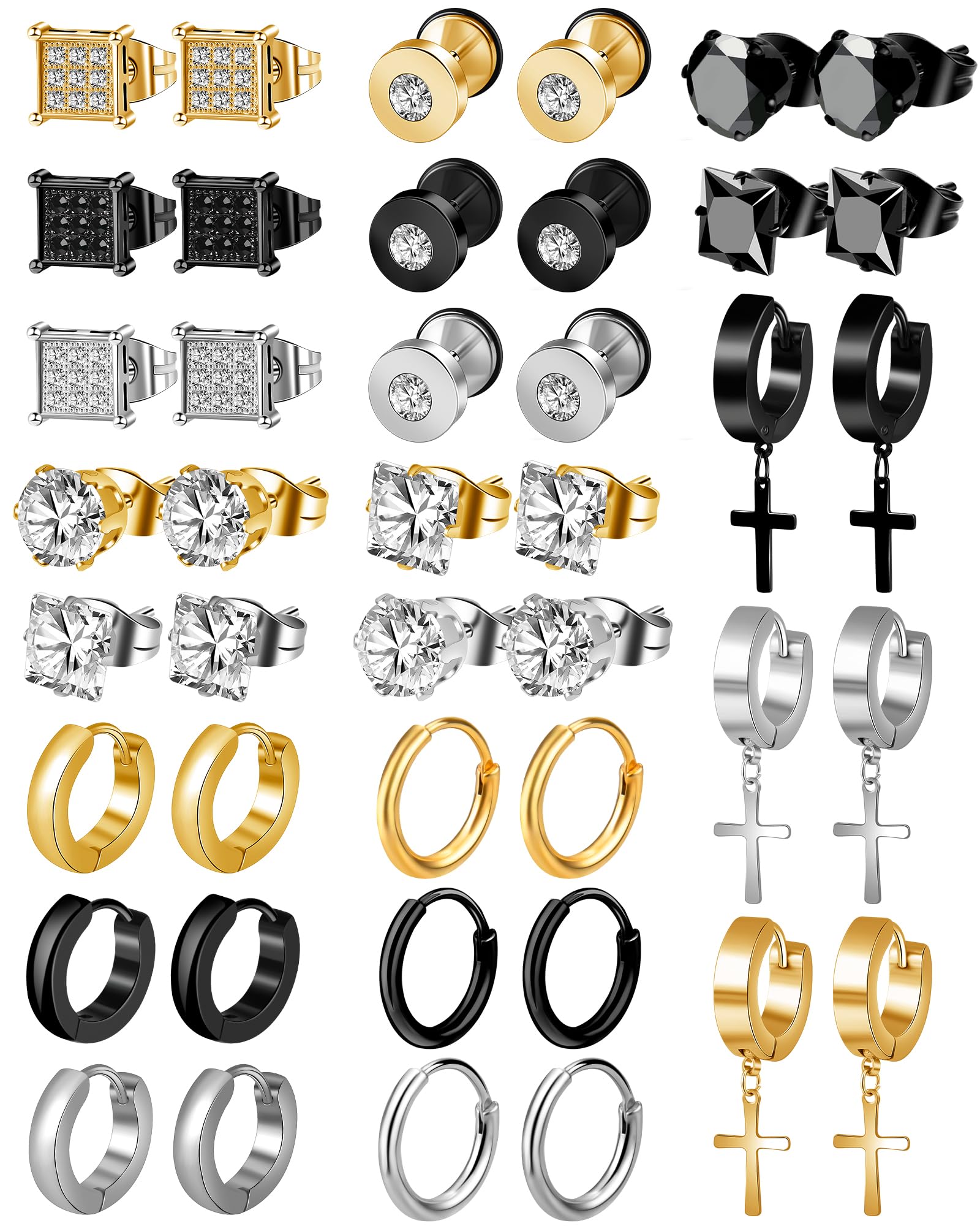 21 Pairs Stainless Steel Hypoallergenic Earrings Set for Men & Women - Cross Dangle, Hoop, CZ Stud & Huggie Earrings in Black & Gold - Perfect for Daily Wear, Gifts & Ear Piercing Jewelry