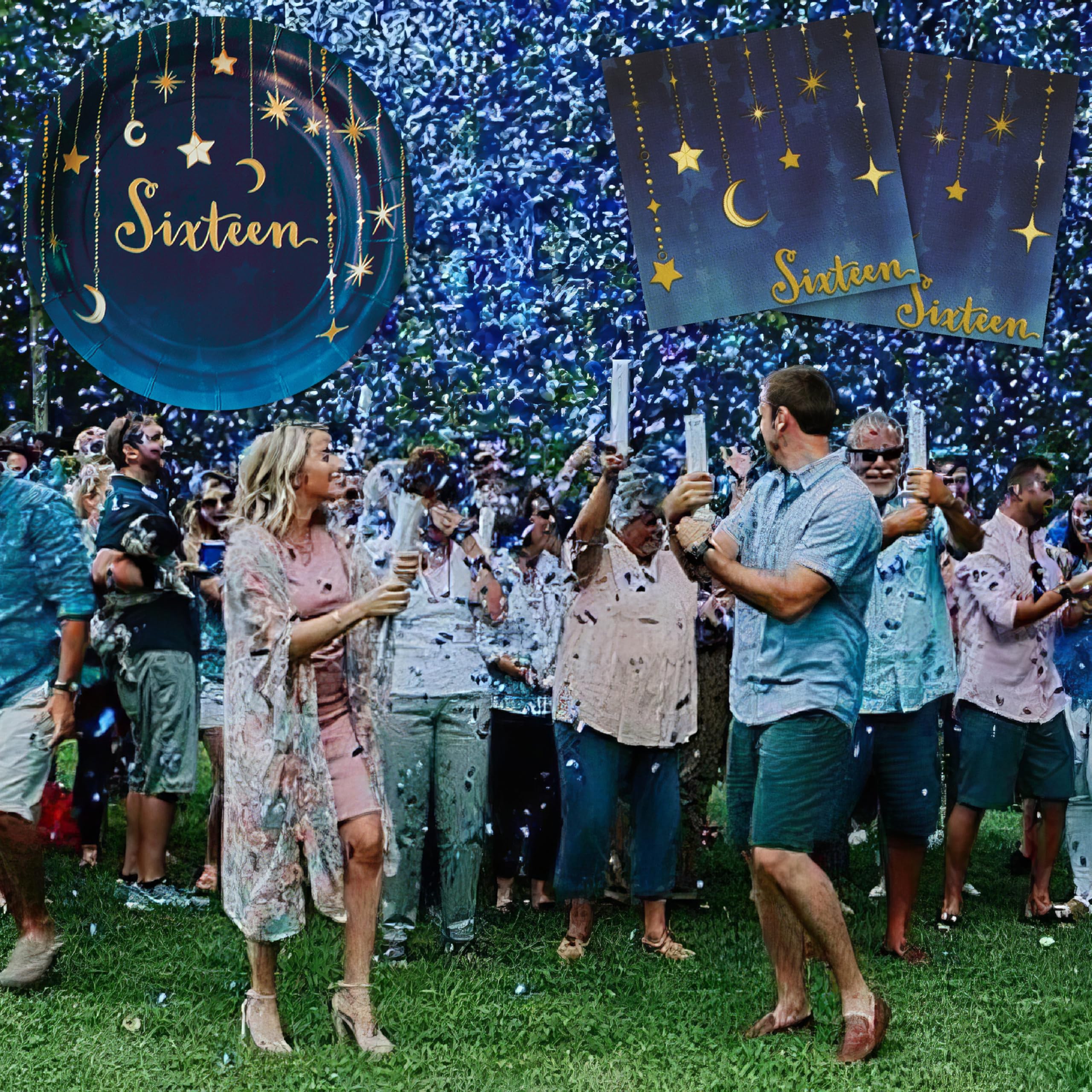 Havercamp Sweet 16 Birthday Party Supplies Set - 16 Printed Plates & Beverage Napkins with Gold Starry Night Design - Perfect for Teen Birthday Celebrations, Quinceañeras & Special Occasions