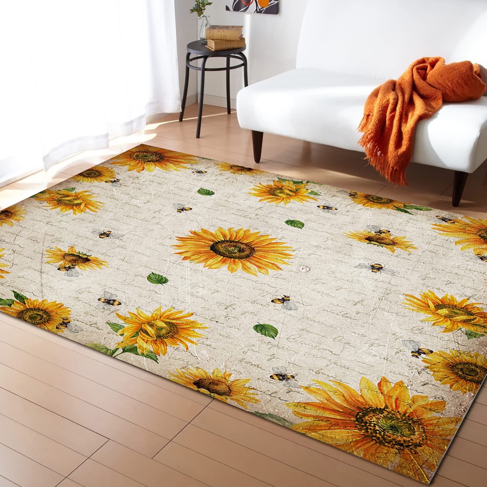 5'x7' Bumble Bee Sunflower Area Rug - Washable Indoor/Outdoor Carpet for Living Room, Bedroom, Kitchen, Hallway | Rustic Floral Decor for Kids, Teens & Home | Perfect for Boho, Farmhouse & Sunny Spaces