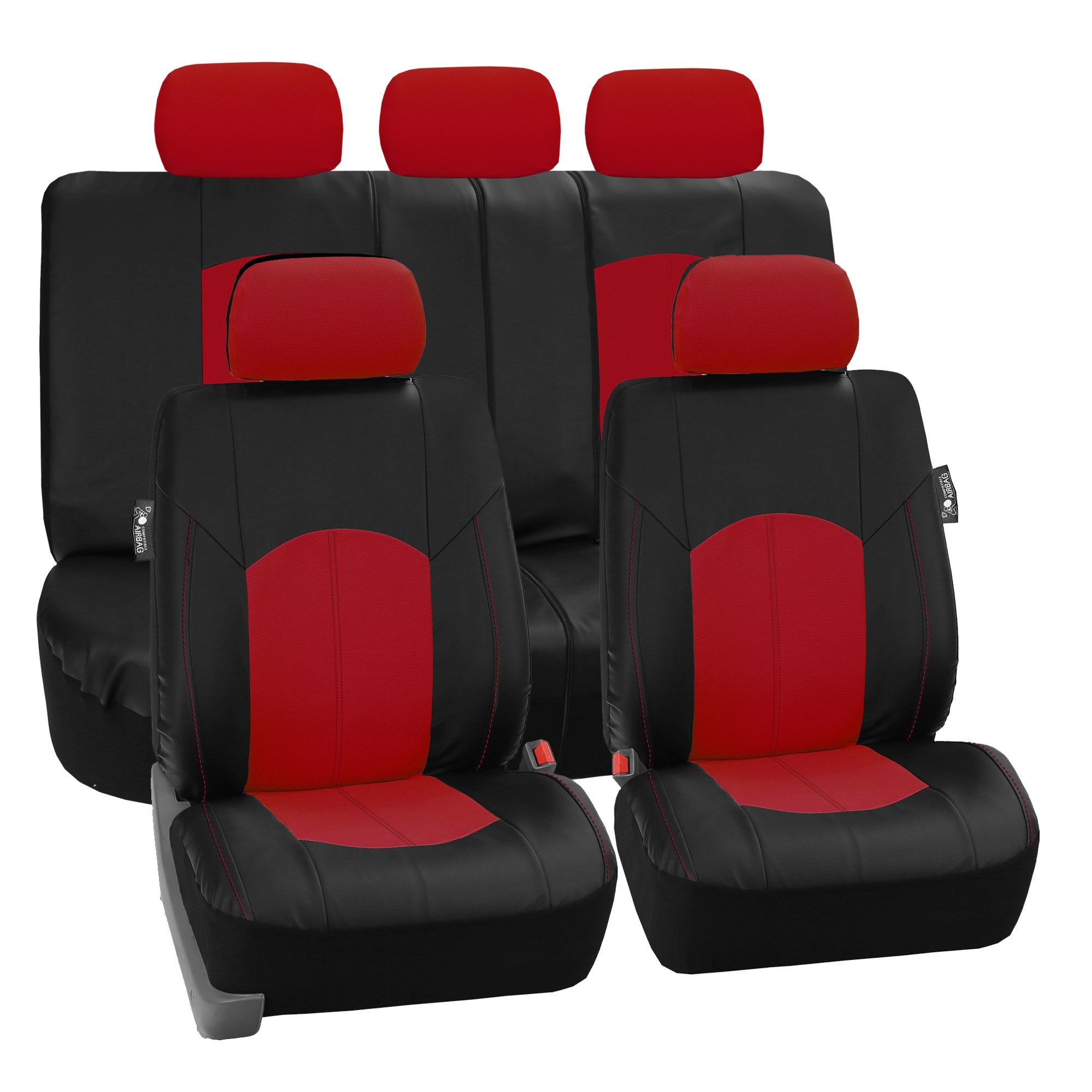 Premium FH Group Auto Car Seat Covers - High-Grade Faux Leather (Red) with Non-Slip Dash Grip Pad - Universal Fit for Cars, Trucks & SUVs - Airbag Compatible Split Bench Design - Perfect for Road Trips & Daily Commutes