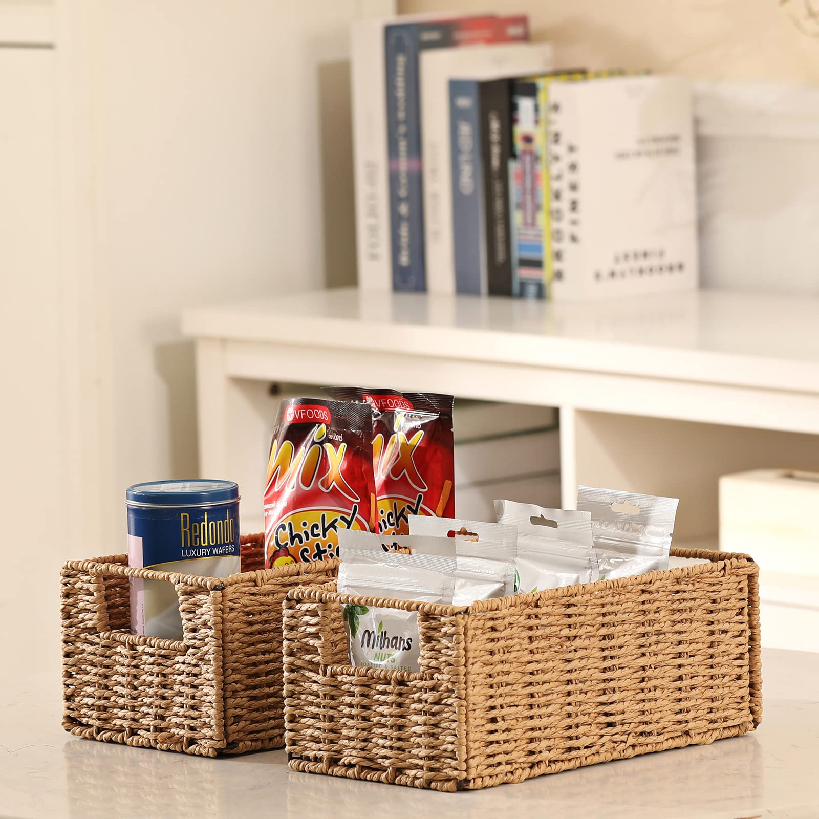 Vagusicc Set of 2 Hand-Woven Wicker Storage Baskets - Natural Foldable Paper Rope Organizer Bins for Shelves, Bathroom, Living Room & Bedroom | Perfect for Toilet Paper Storage, Home Organization & Decorative Storage Solutions
