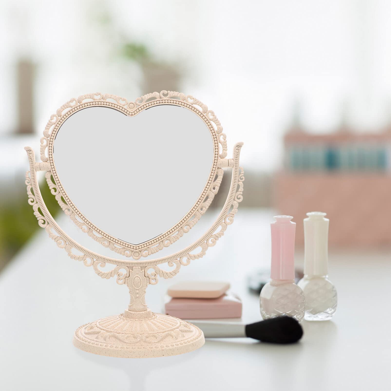 Beaupretty Heart Shaped Vanity Mirror - Double Sided 360° Rotating Makeup Mirror with Stand for Bathroom & Bedroom (Beige) | Perfect for Makeup Application, Skincare Routine, and Home Decor