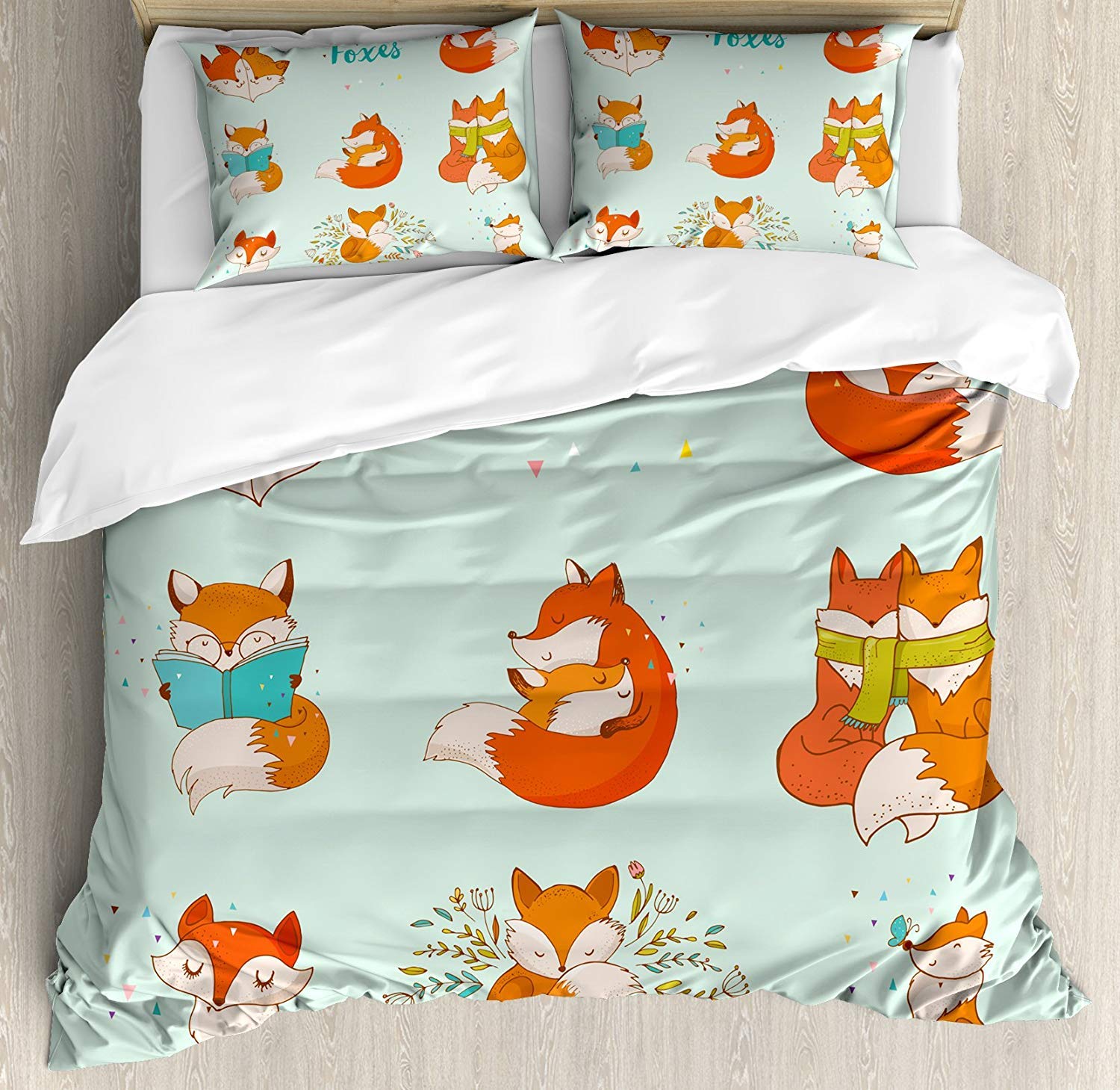 4-Piece Fox Character Bedding Set - Queen Size Duvet Cover & Pillowcases for Kids, Teens & Adults | Cute Cartoon Fox Design, Soft & Comfortable for Bedroom, Reading & Relaxation | Perfect for Children's Room, Dorm or Guest Bed
