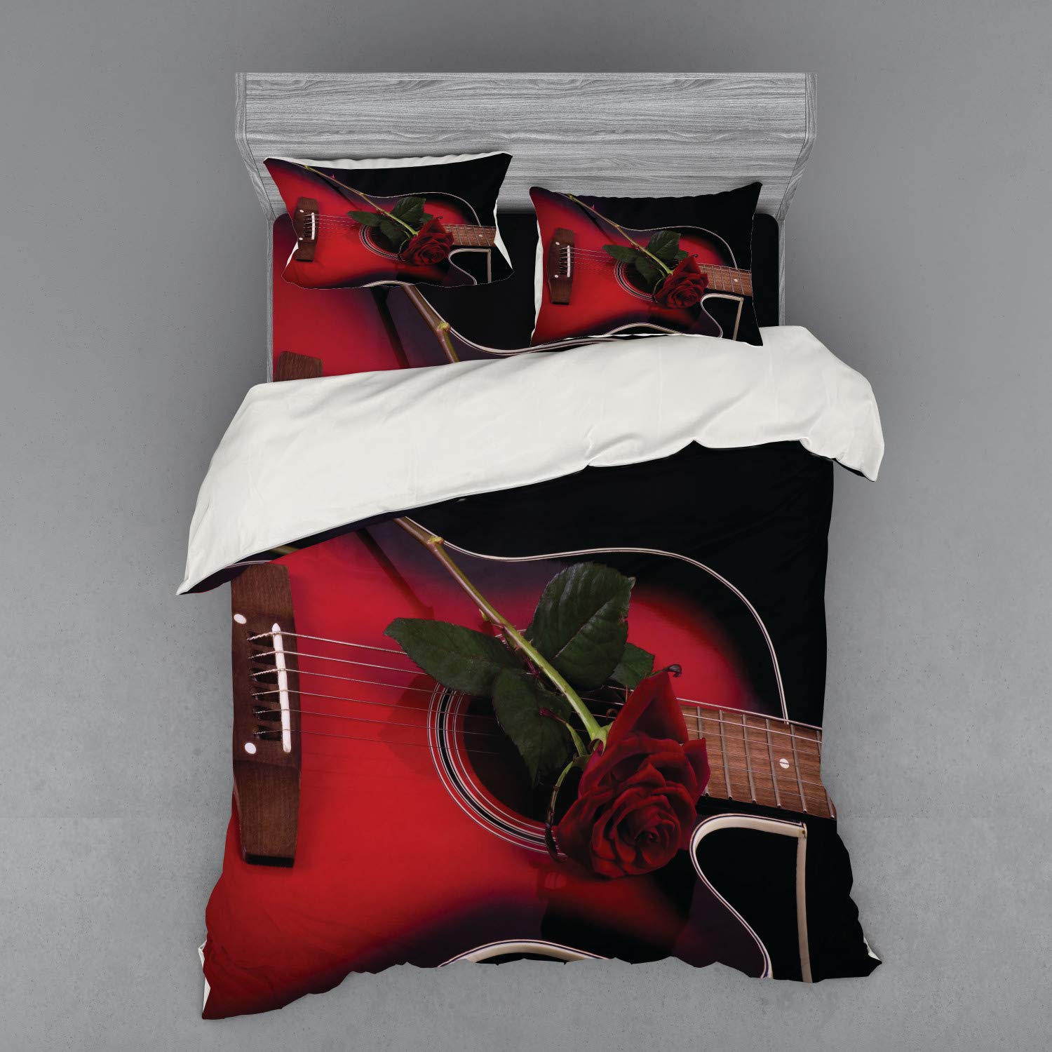 Ambesonne Red and Black Duvet Cover Set - Spanish Musician Portugal Handmade Guitar with Romance Theme & Love Roses - 4 Piece Queen Size Bedding Set with Shams & Fitted Sheet in Ruby & White - Perfect for Romantic Bedroom Decor, Guest Room or Music Lover's Home