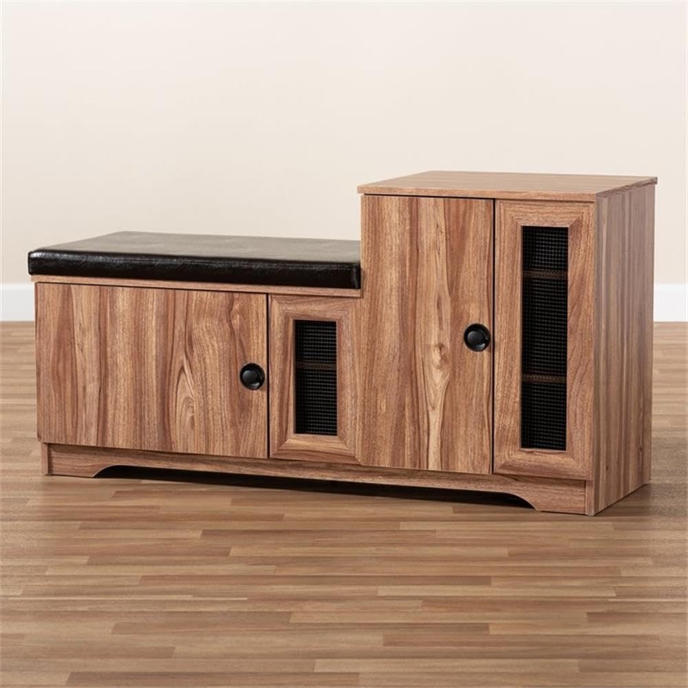 BOWERY HILL Brown Faux Leather 2-Door 5-Shelf Wooden Shoe Storage Bench with Seat - Organize Shoes, Hats & Accessories in Entryway, Bedroom or Closet