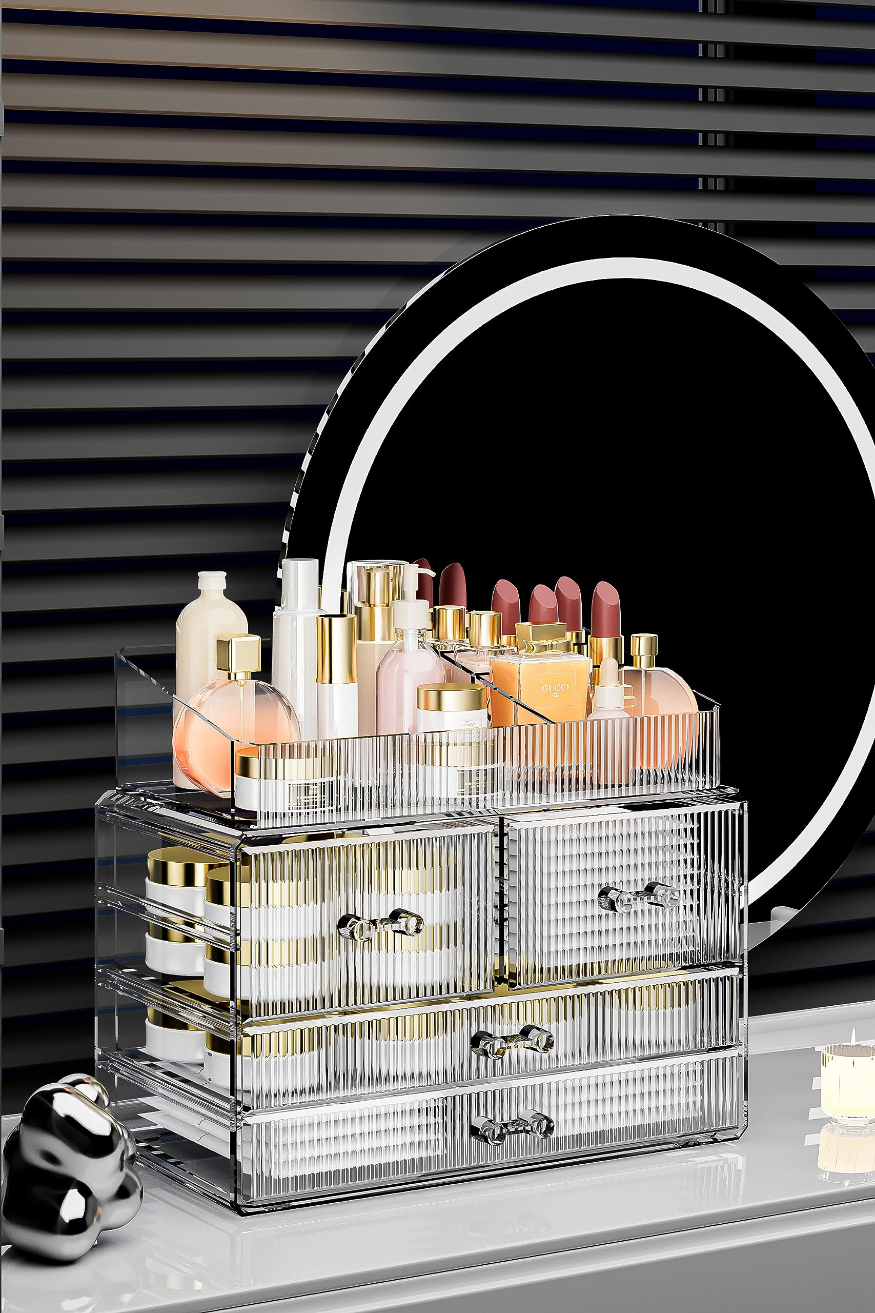 ZHIAI Stackable Acrylic Storage Drawers - Clear Makeup Organizer for Bathroom Vanity, Kitchen Cabinet & Undersink | Home Organization Solution (1 Top + 4 Drawers) | Perfect for Cosmetics, Toiletries & Small Item Storage