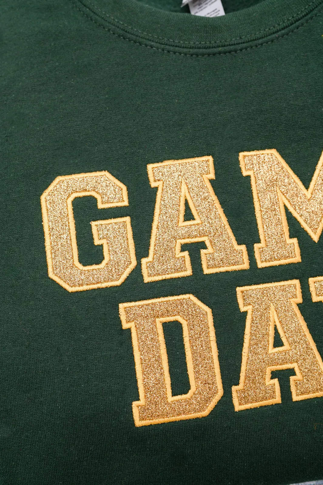 PREORDER: Embroidered Glitter Game Day Sweatshirt - Forest Green & Old Gold | College Football Fan Apparel, Tailgating Outfit, Sports Team Spirit Wear