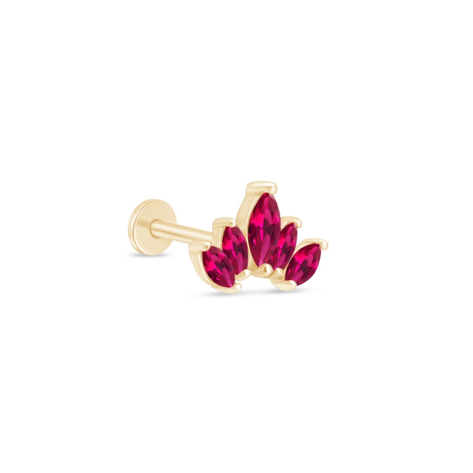 14K Yellow Gold Marquise Cut Ruby Lotus Stud Earrings - Five Petal Flower Design, Flat Back for Comfort - Perfect for Weddings, Parties & Everyday Elegance
