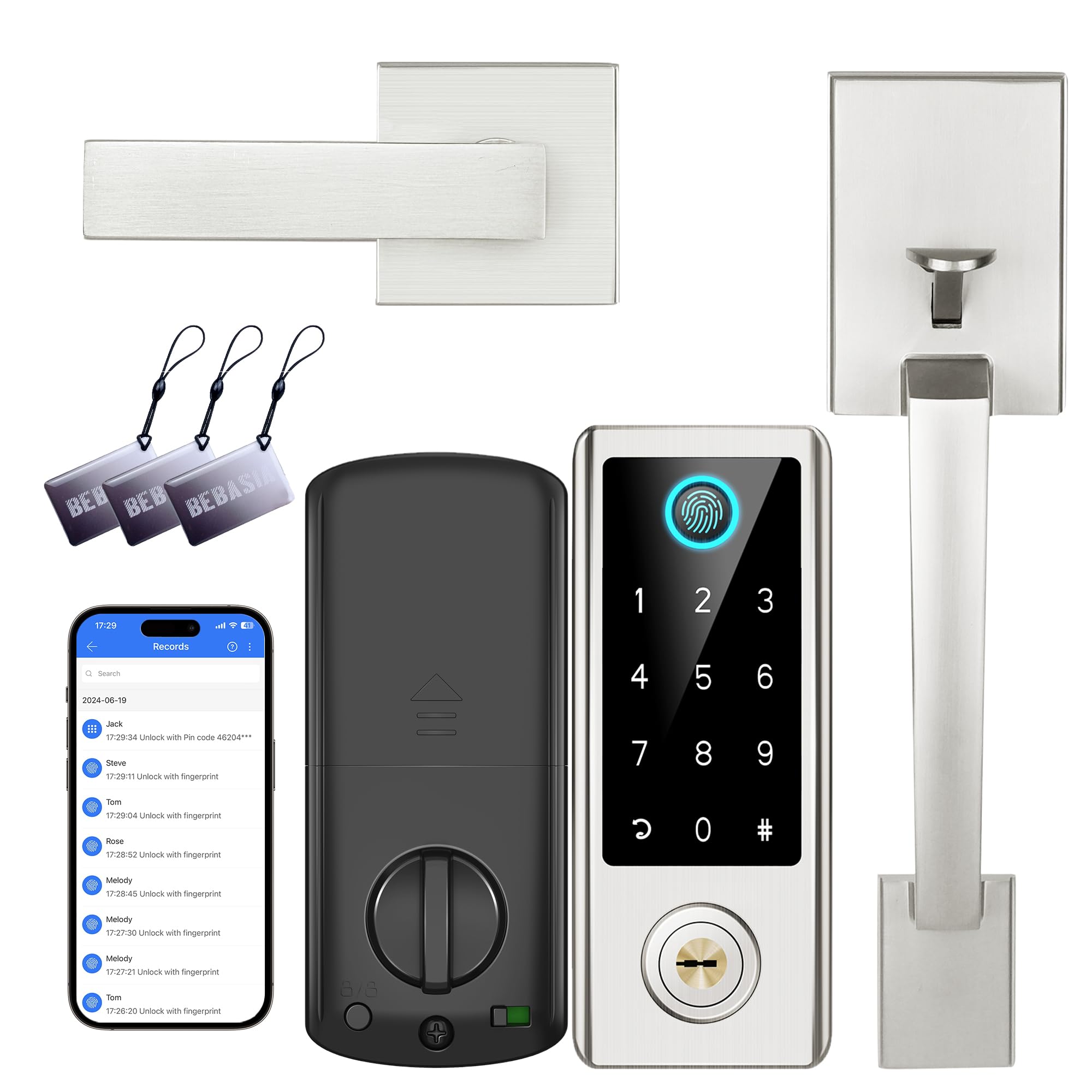 BEBASIA Smart Fingerprint Door Lock with Keyless Entry - Bluetooth Electronic Keypad Deadbolt with Handle in Satin Nickel - Perfect for Home, Office & Airbnb Security (Front Door Smart Lock Set)