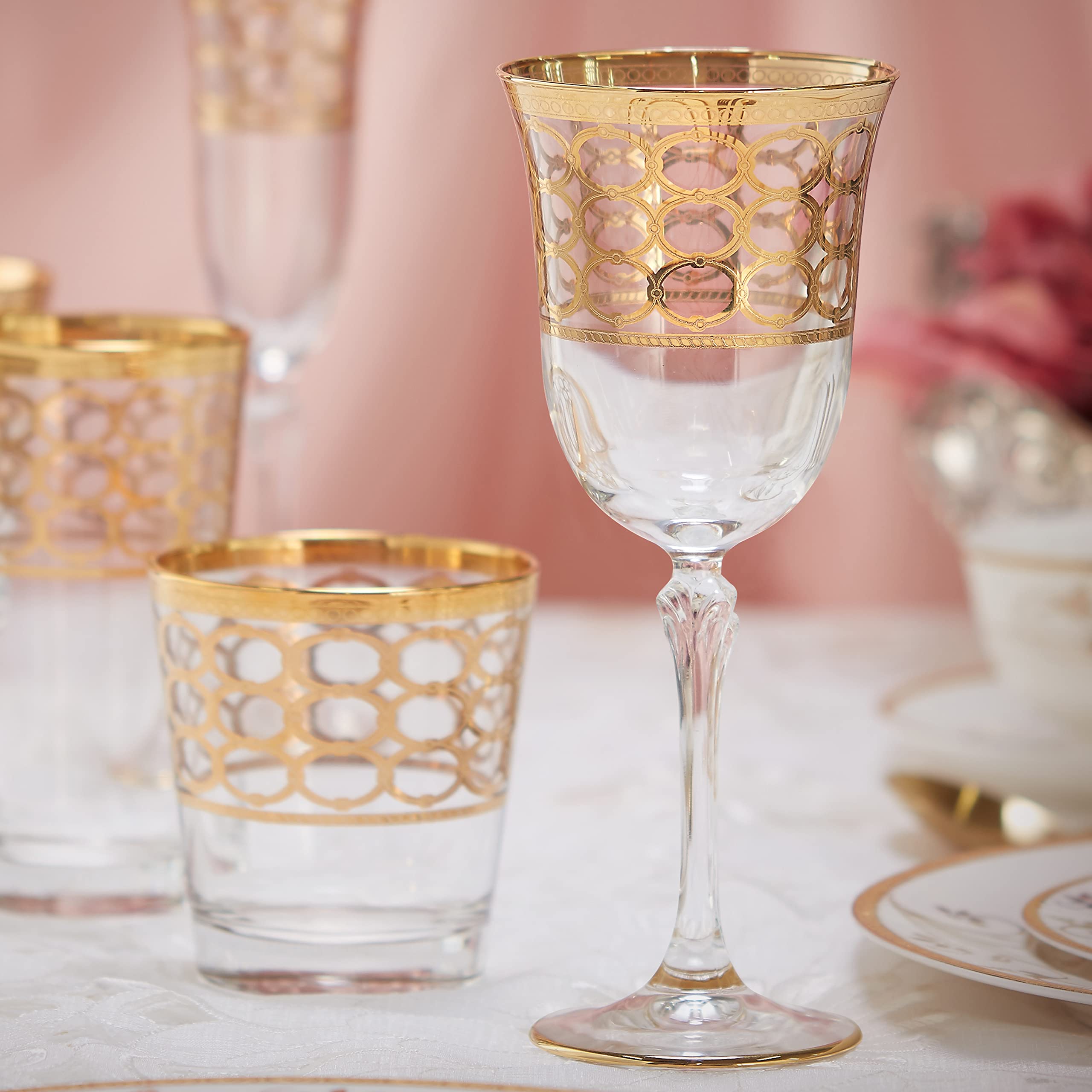 Elegant Modern Crystal Infinity Gold Ring Glassware Set of 4 - 7 oz White Wine Goblets for Parties, Weddings, and Special Events | Perfect for Hosting, Gifts, and Home Decor