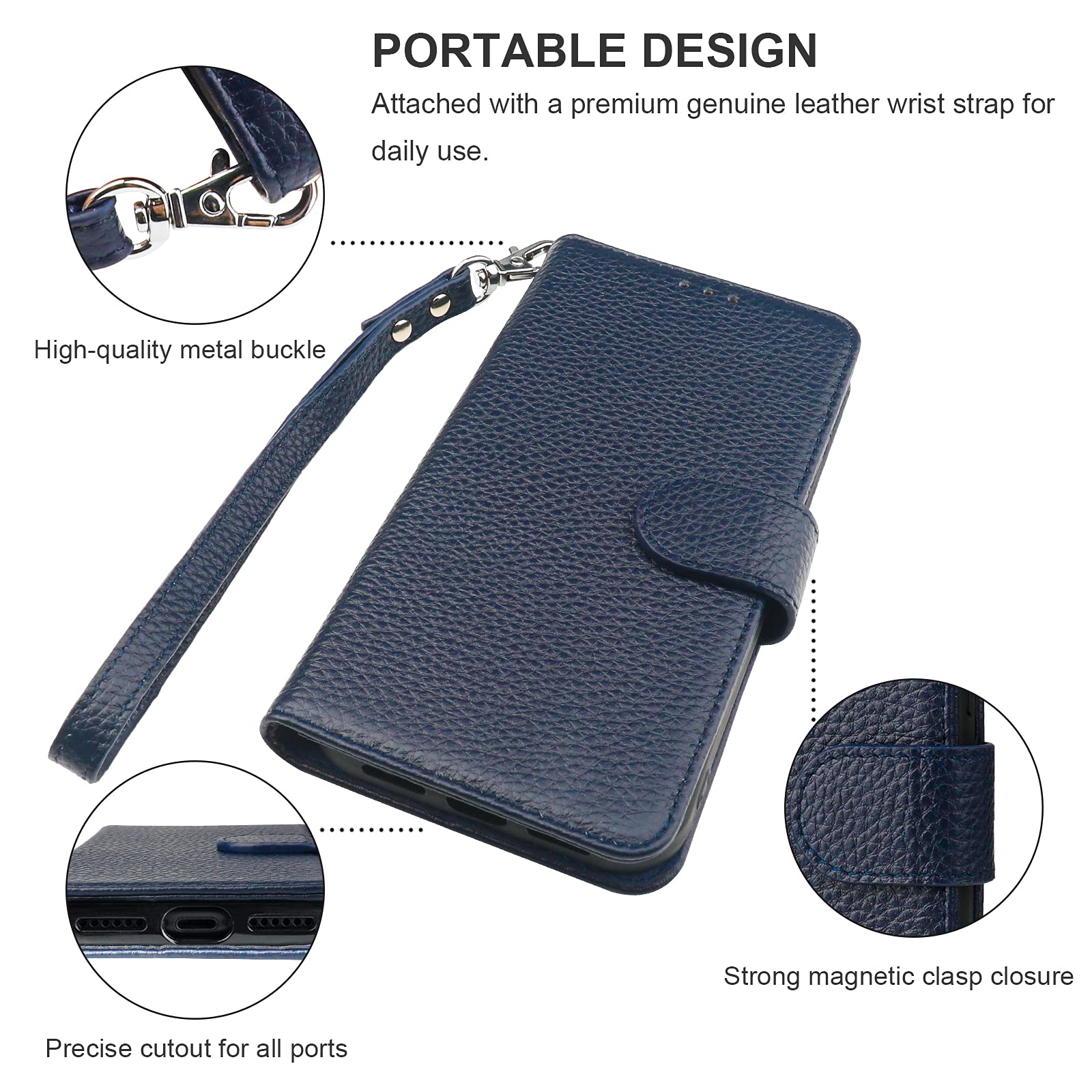 Genuine Leather Wallet Case for iPhone 11 - RFID Blocking, Wireless Charging Compatible, Credit Card Holder with Kickstand & Wrist Strap - 6.1 Inch Dark Blue Folio Cover - Perfect for Daily Use, Travel & Business Protection