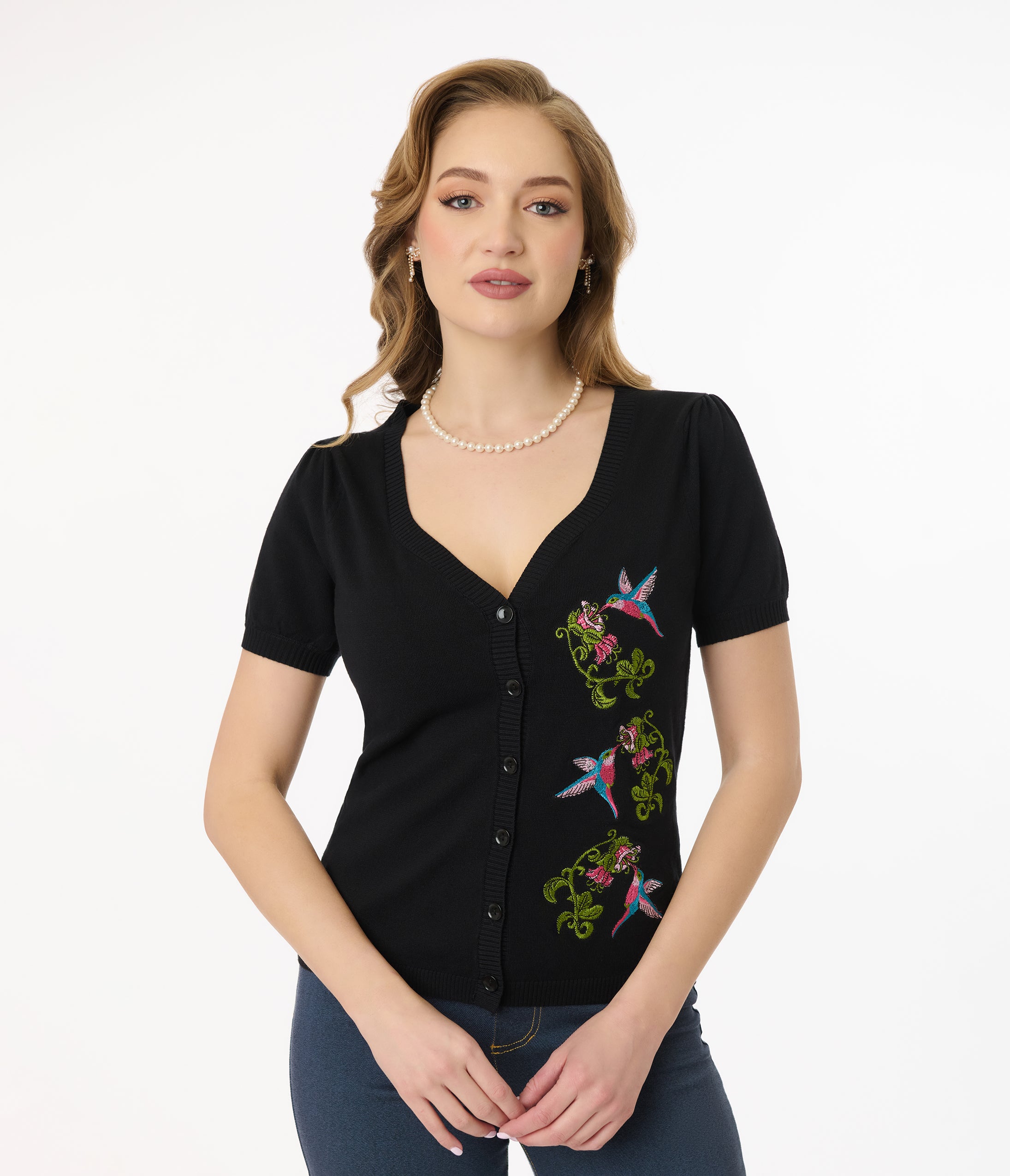 Vintage 1950s Black Hummingbird Embroidered Cardigan Sweater - Retro Floral Knit Top for Women - Perfect for Casual Wear, Date Nights & Boho Fashion Outfits