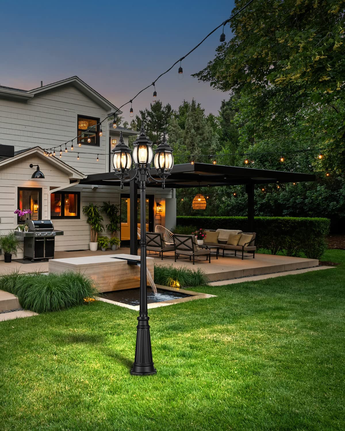 VIANIS 3-Head Outdoor Lamp Post with Dusk to Dawn Sensor - Waterproof Aluminum Street Light with Tempered Glass for Garden, Backyard, Driveway & Christmas Decor - Perfect for Landscape Lighting and Holiday Illumination