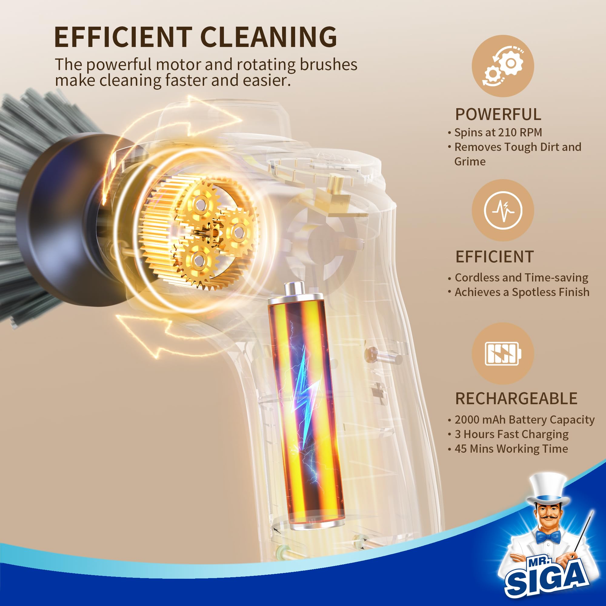 MR.SIGA Electric Spin Scrubber - Cordless Rechargeable Power Scrubber with 5 Replaceable Brush Heads for Deep Cleaning Kitchen, Bathroom, Tile & Grout | Waterproof Design for Shower, Sink & Bathtub Cleaning