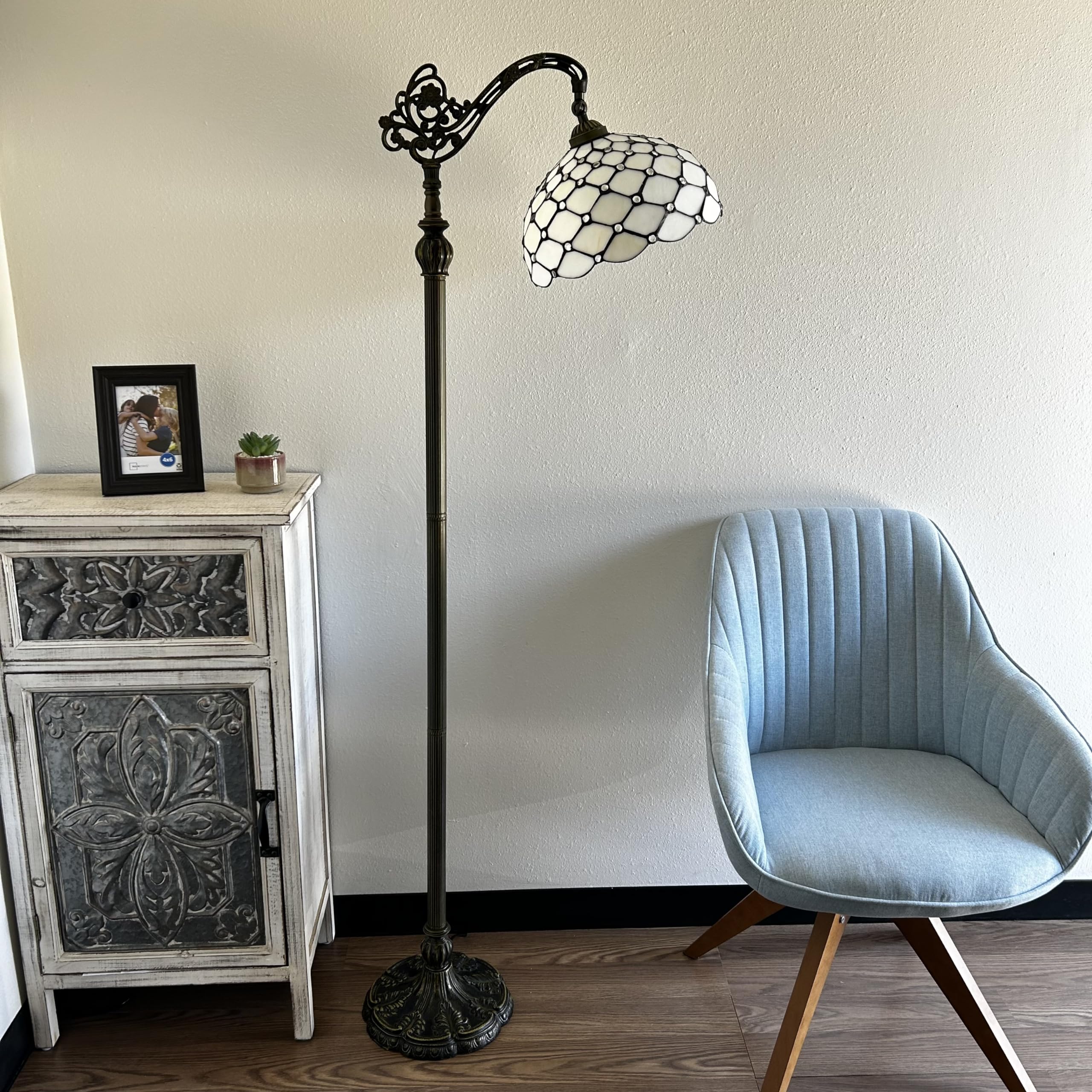 Tiffany Style Floor Lamp with White Stained Glass & Crystal Beads - Adjustable Gooseneck LED Reading Light for Living Room, Bedroom (20