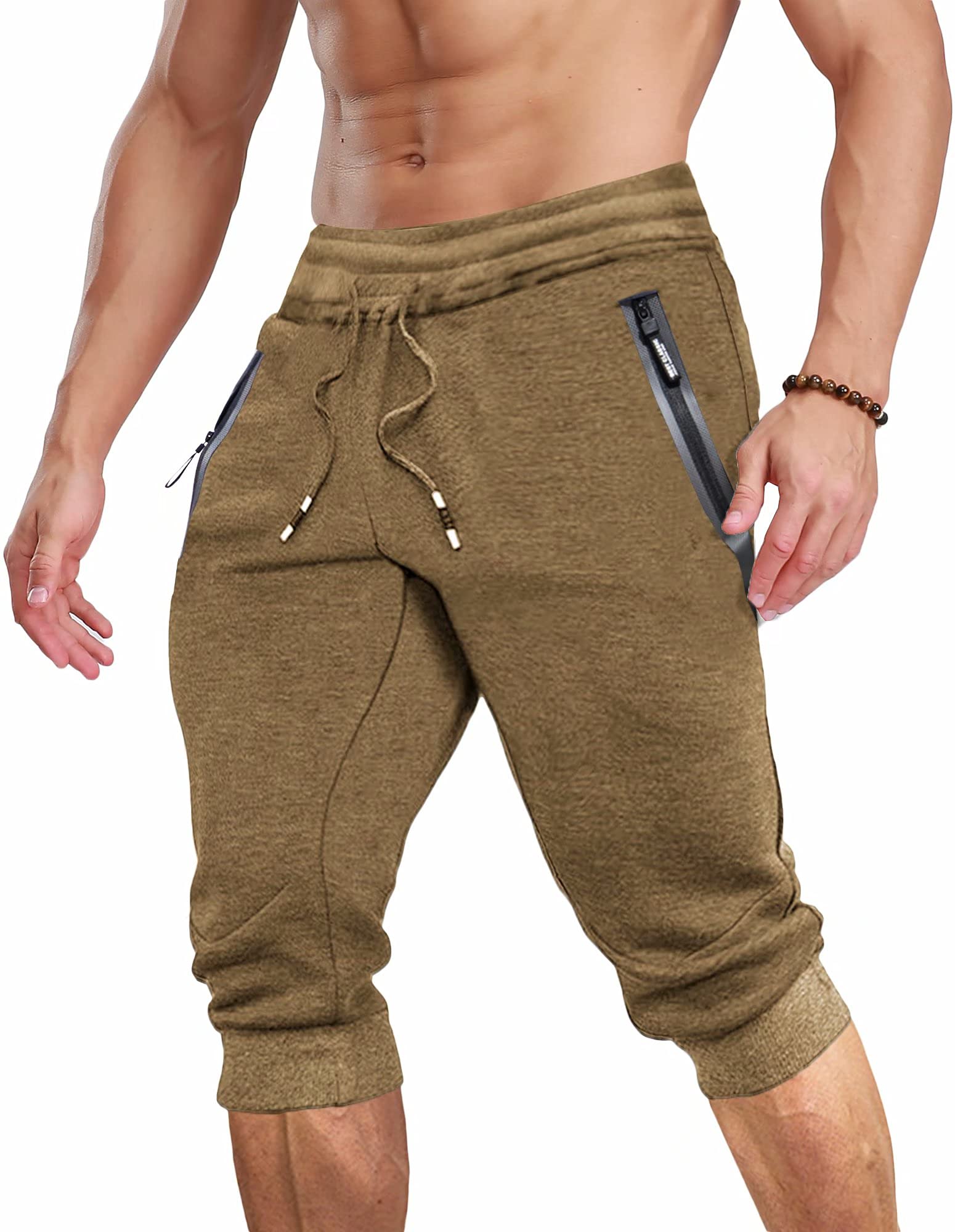 MAGCOMSEN Men's 3/4 Length Jogger Sweatpants with Zipper Pockets - Athletic Running Training Workout Capri Pants for Gym, Yoga & Casual Wear
