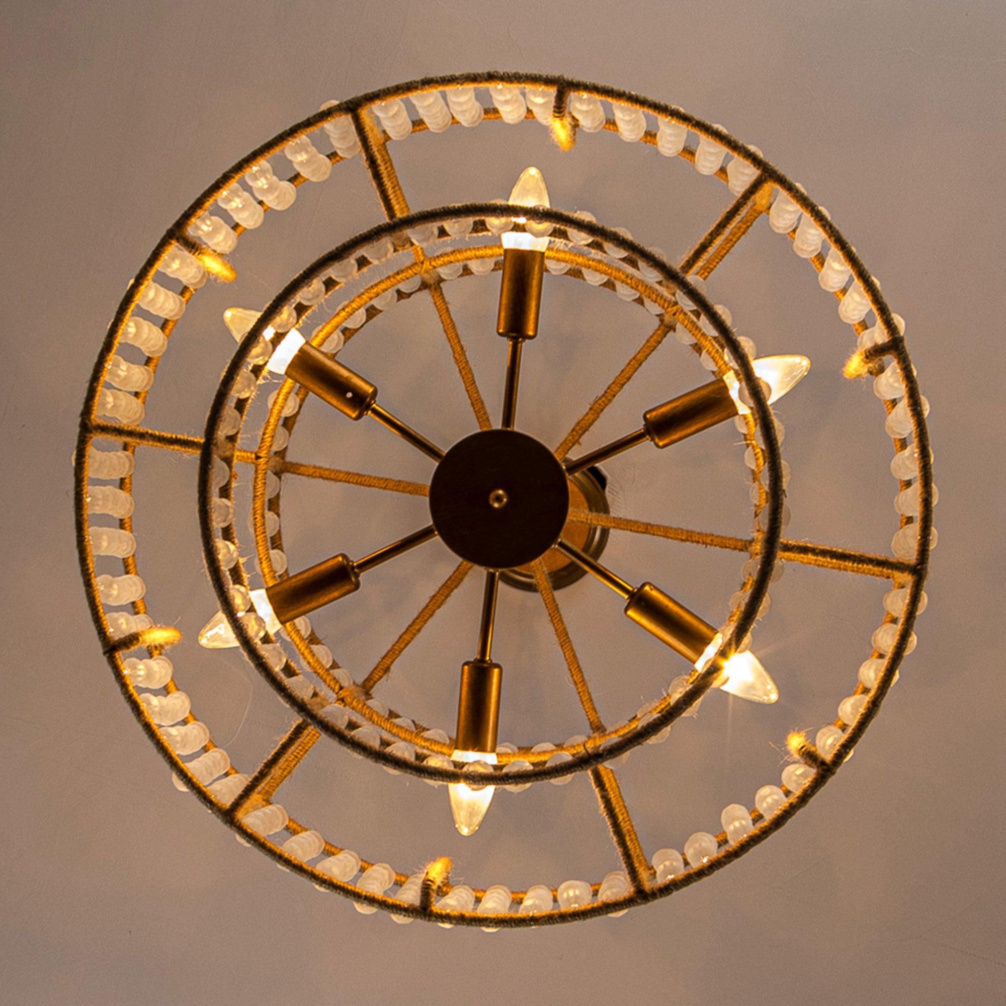 6-Light Antique Gold Farmhouse Drum Beaded Chandelier with Rope Accents - Rustic Ceiling Lighting Fixture for Dining Room, Bedroom, or Kitchen Decor
