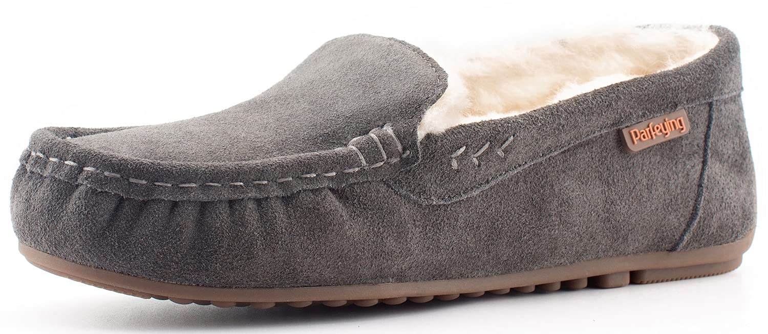 Parfeying Women's Sheepskin Moccasin Slippers - Soft Cow Suede Memory Foam Loafers for Driving & Indoor Comfort - Cozy House Shoes for Winter Relaxation