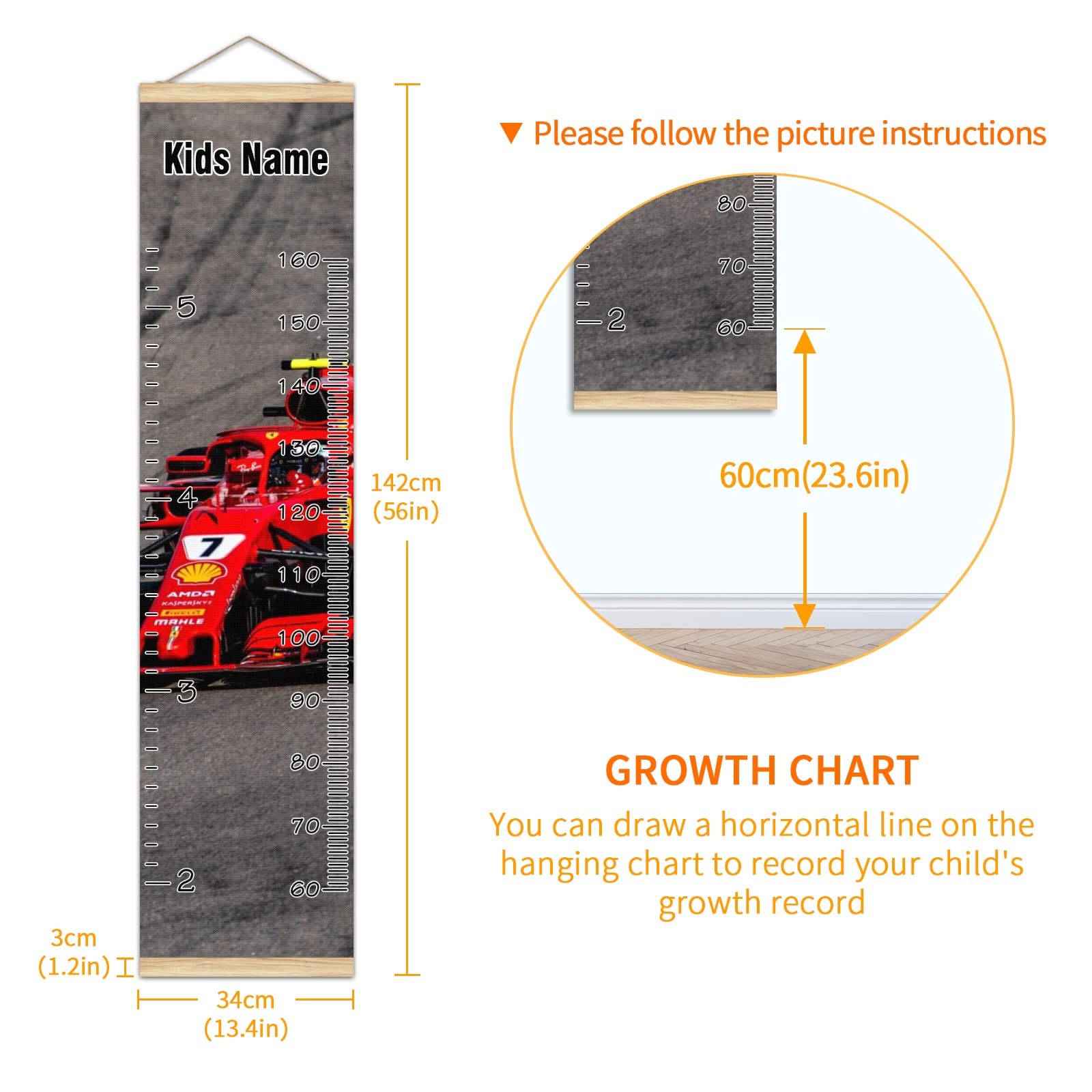 Personalized Kids Name Growth Chart Ruler - Wooden Wall Height Measurement Tool 13.4x56 inches with Linen Finish - Race Car Themed Nursery Decor for Boys & Girls - Perfect for Tracking Child's Growth in Bedroom, Playroom or Nursery