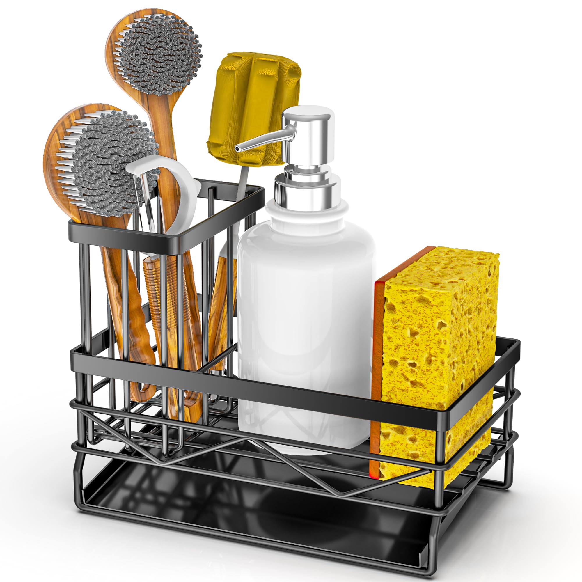 Stainless Steel Kitchen Sink Organizer with Sponge & Brush Holder - Rustproof 304 Sink Caddy for Sponges, Soap & Cleaning Tools | Compact Black Sink Accessory for Organized Kitchen Countertop & Dishwashing Area