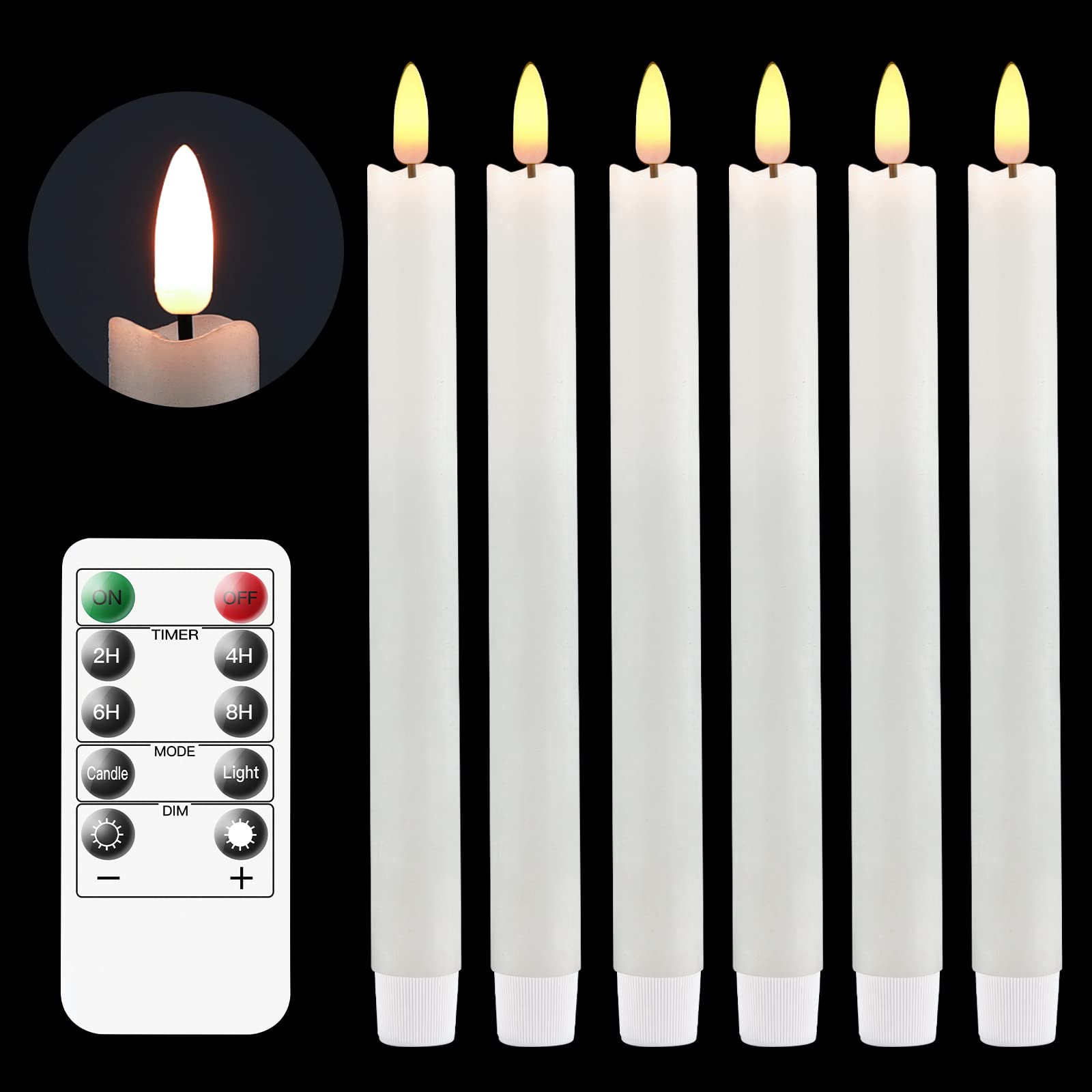 Vanchi Flameless Real Wax Taper Candles with Timer & Remote - Battery Operated LED Flickering Candles for Valentine's Day, Wedding, Home Decor (White, 6 Pack) - Perfect for Romantic Dinners, Holiday Centerpieces & Cozy Ambiance