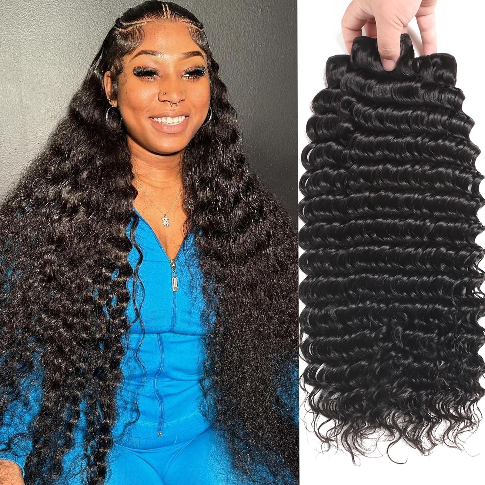 12A Deep Wave Human Hair Bundles 20 22 24 Inch - 100% Unprocessed Brazilian Virgin Hair - 3 Bundles Water Wave Weave for Natural Look - Perfect for Protective Styles, Weaves & Wigs