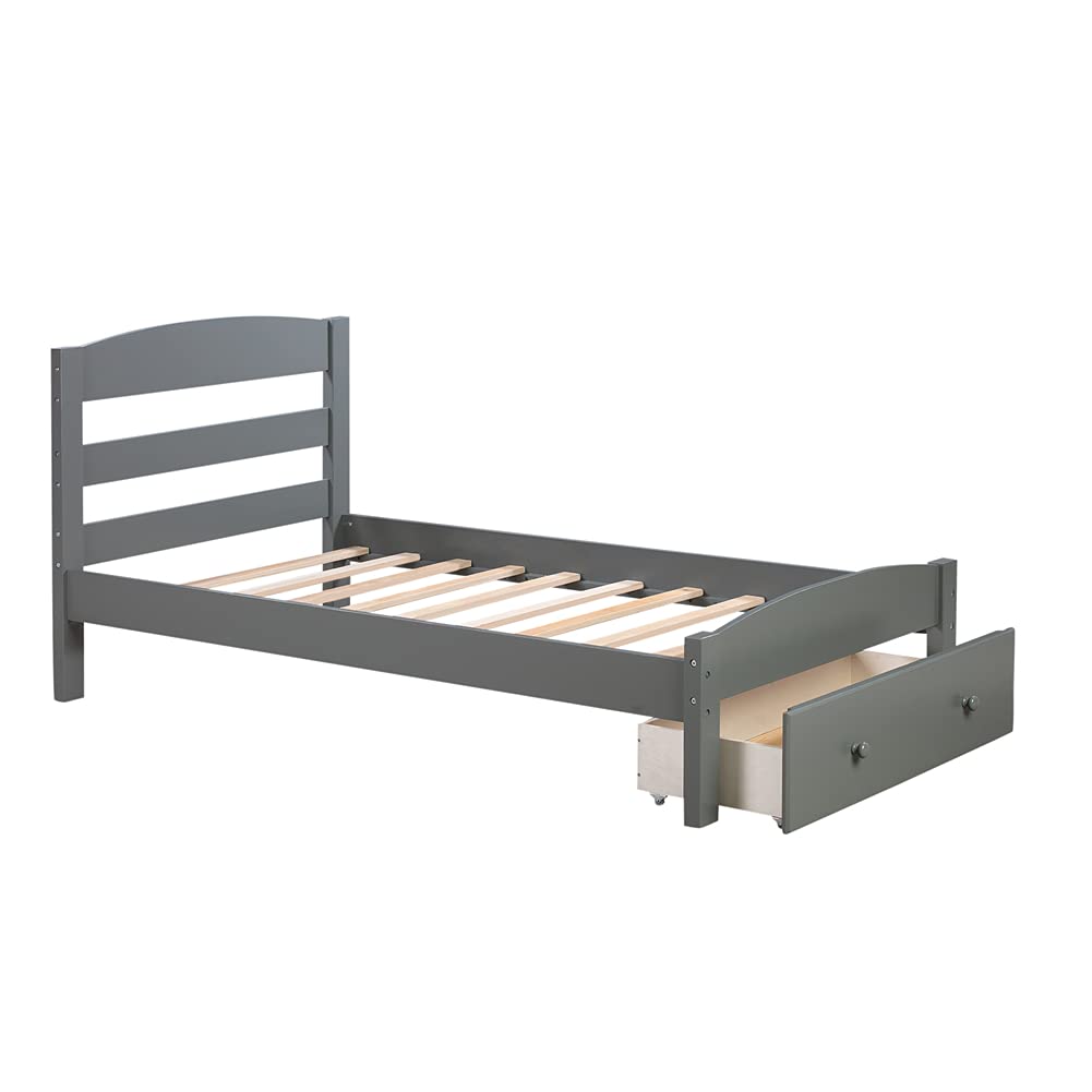 Twin Size Platform Bed Frame with Storage Drawers - Solid Pinewood Bed with Wide Plank Curved Headboard, Under Bed Storage Space - Perfect for Small Bedrooms, Guest Rooms & Studio Apartments (Gray)