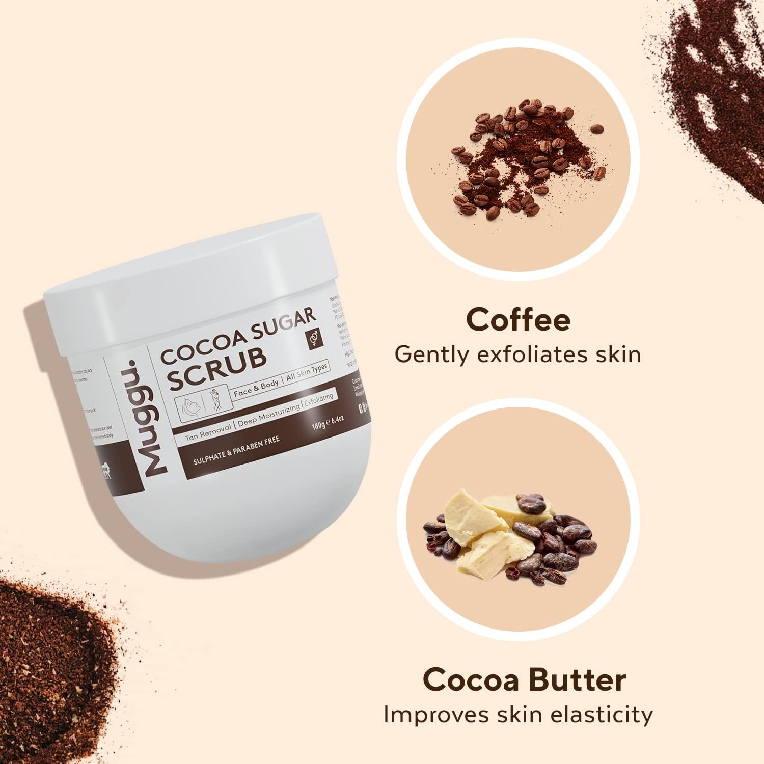 Organic Cocoa Sugar Body Scrub with Coffee & Cocoa Butter | Exfoliating & Moisturizing Skin Care for Men & Women | De-Tan & Brightening Treatment | Perfect for Dry Skin & Pre-Shave Prep - 180g