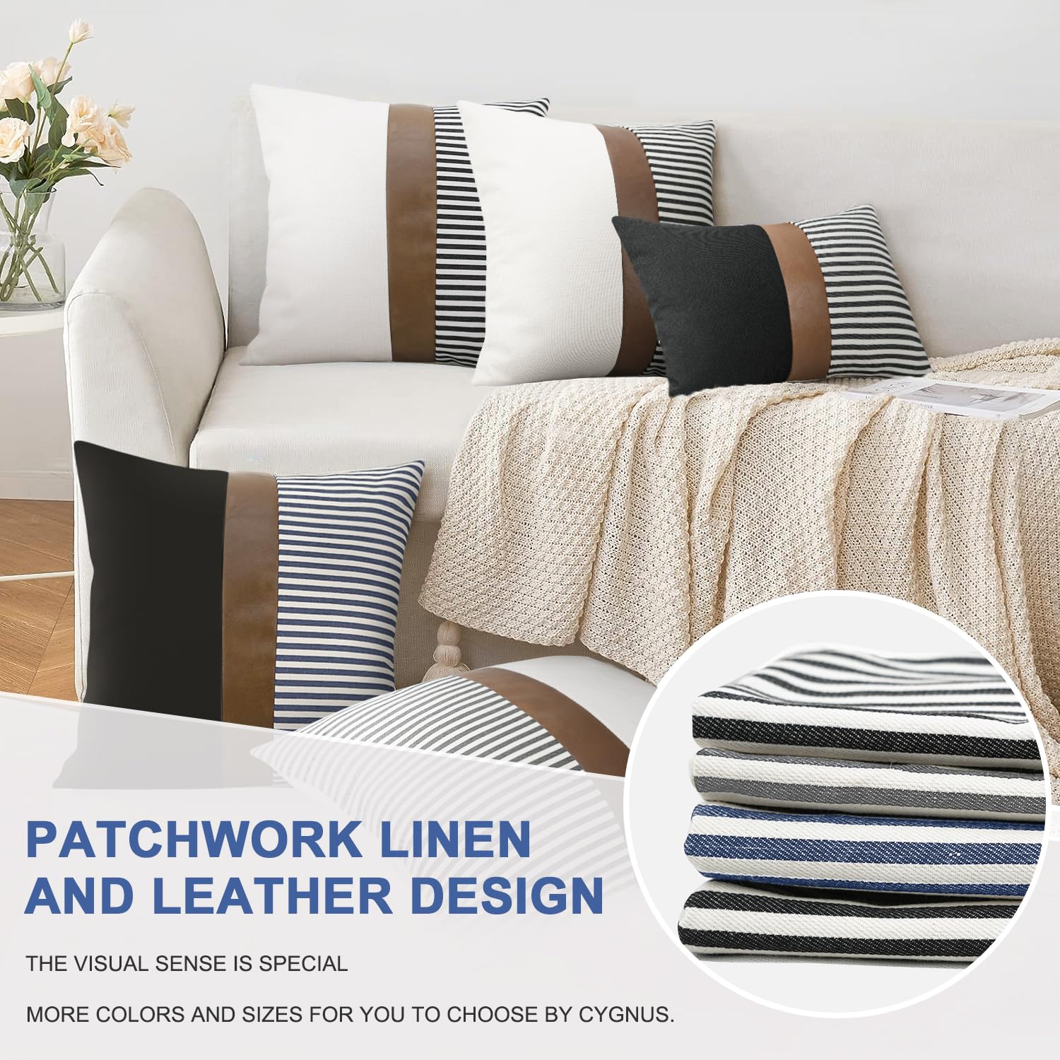 Cygnus 22x22 Inches Pillow Covers Set of 2 - Farmhouse Decor Striped Patchwork Linen Throw Pillow Covers with Faux Leather Accents for Couch, Sofa & Bed - Navy Blue Home Decor for Living Room, Bedroom & Dorm