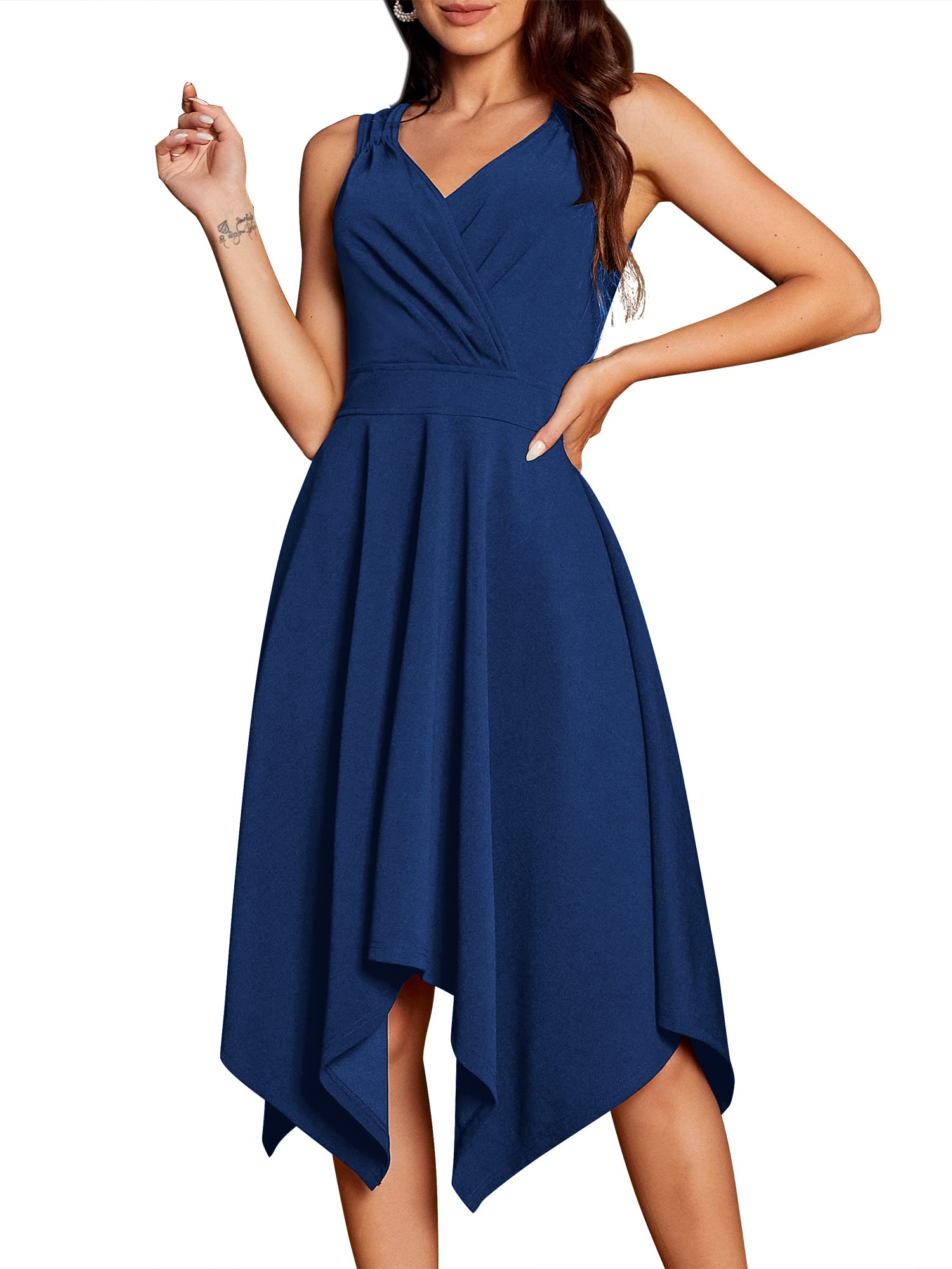 ZAFUL Women's Vintage V-Neck Sleeveless Asymmetrical Hem Midi Swing Dress - Summer Cocktail Party Sundress for Beach, Wedding & Casual Outings