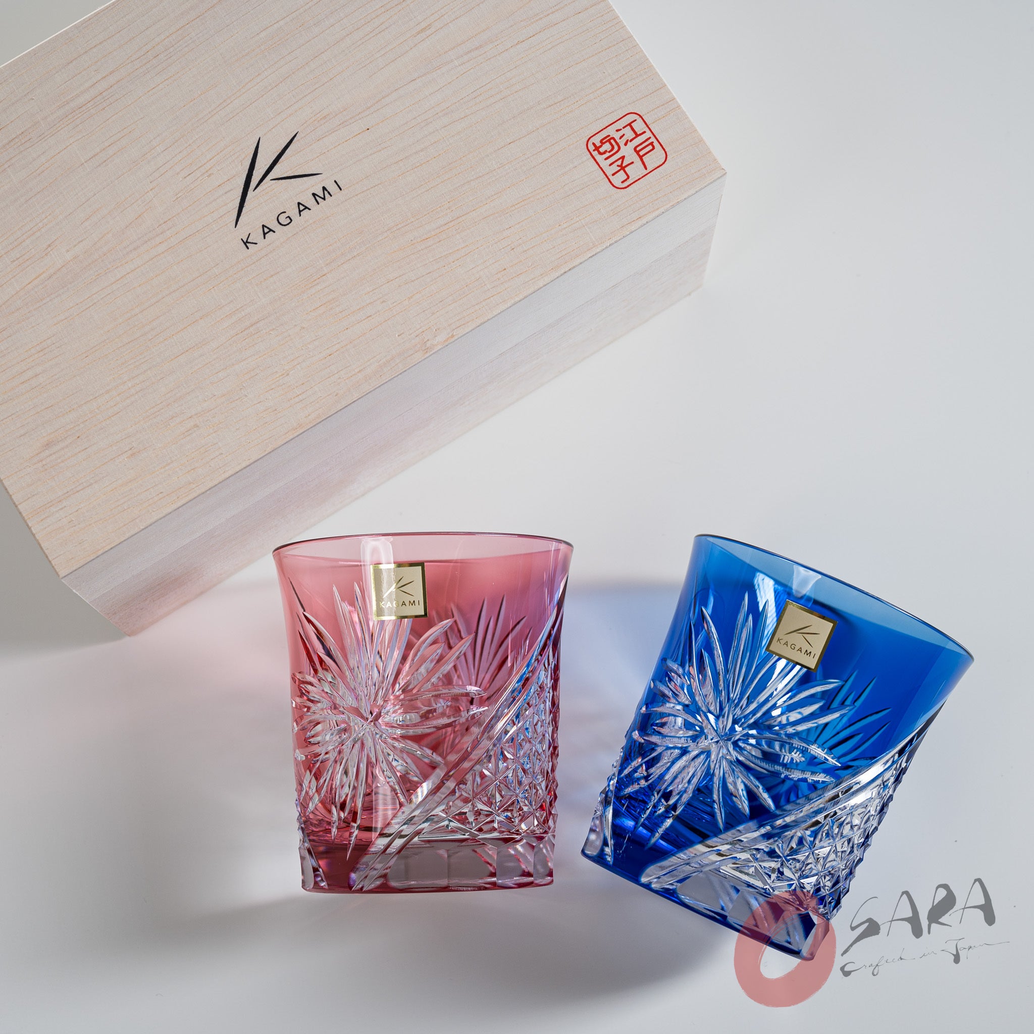 KAGAMI Handcrafted Edo Kiriko Crystal Sake Glasses Set of 2 - Traditional Japanese Cut Glass with Chrysanthemum Pattern - Perfect for Sake Tasting, Japanese Dining & Luxury Gift Giving