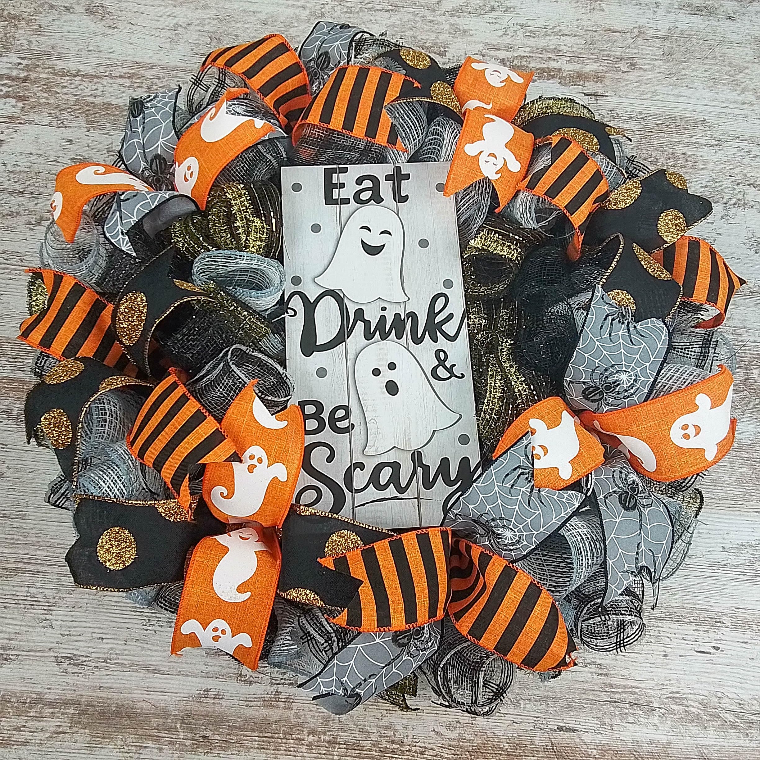 Spooky Halloween Mesh Wreath for Front Door - Black, White, Gold & Orange Ghost Decor | Perfect for Halloween Party Decorations & Haunted House Themes