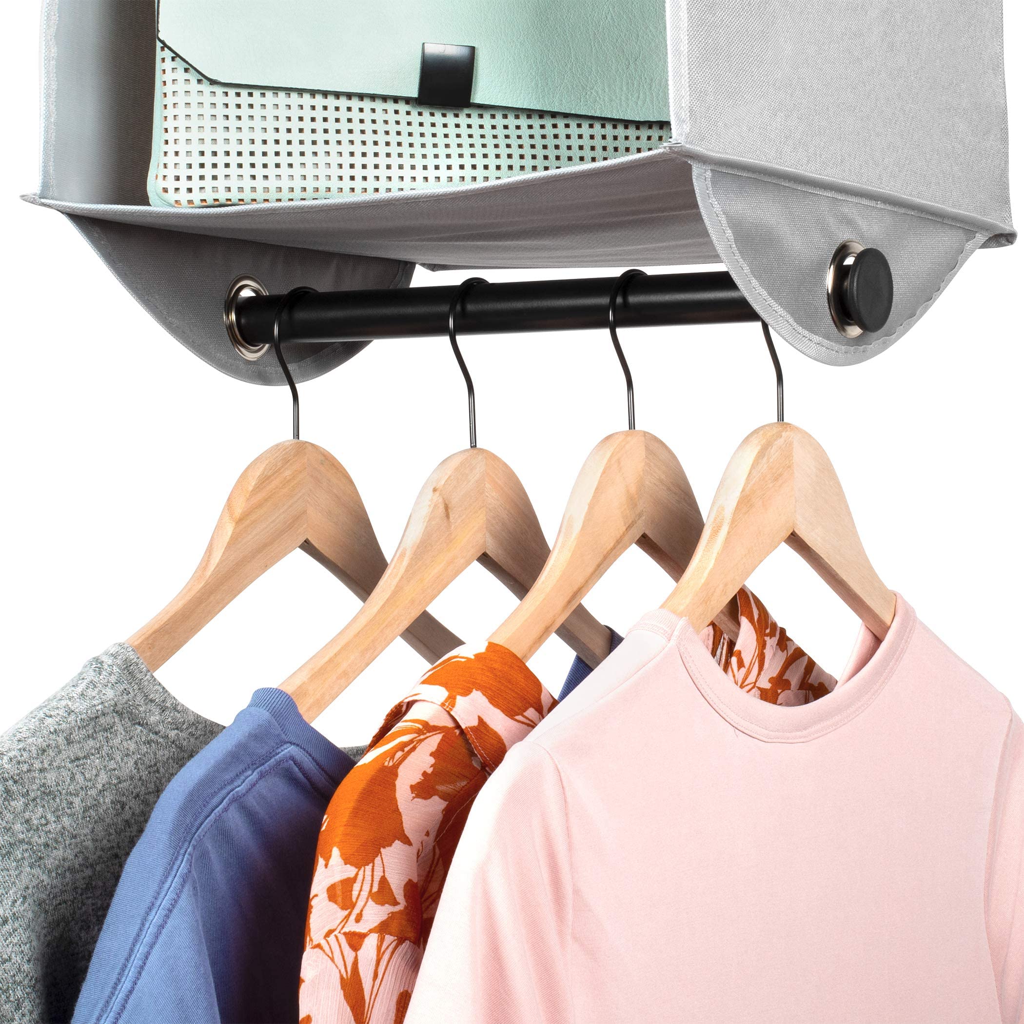 HOLDN’ STORAGE 3-Tier Hanging Closet Organizer - Space Saving Storage Shelves for Closet, Dorm, RV & Small Spaces - Grey Fabric with Black Metal Rod - 12”W x 12”D x 29.5”H - Perfect for College Dorms, Apartments & Travel Organization
