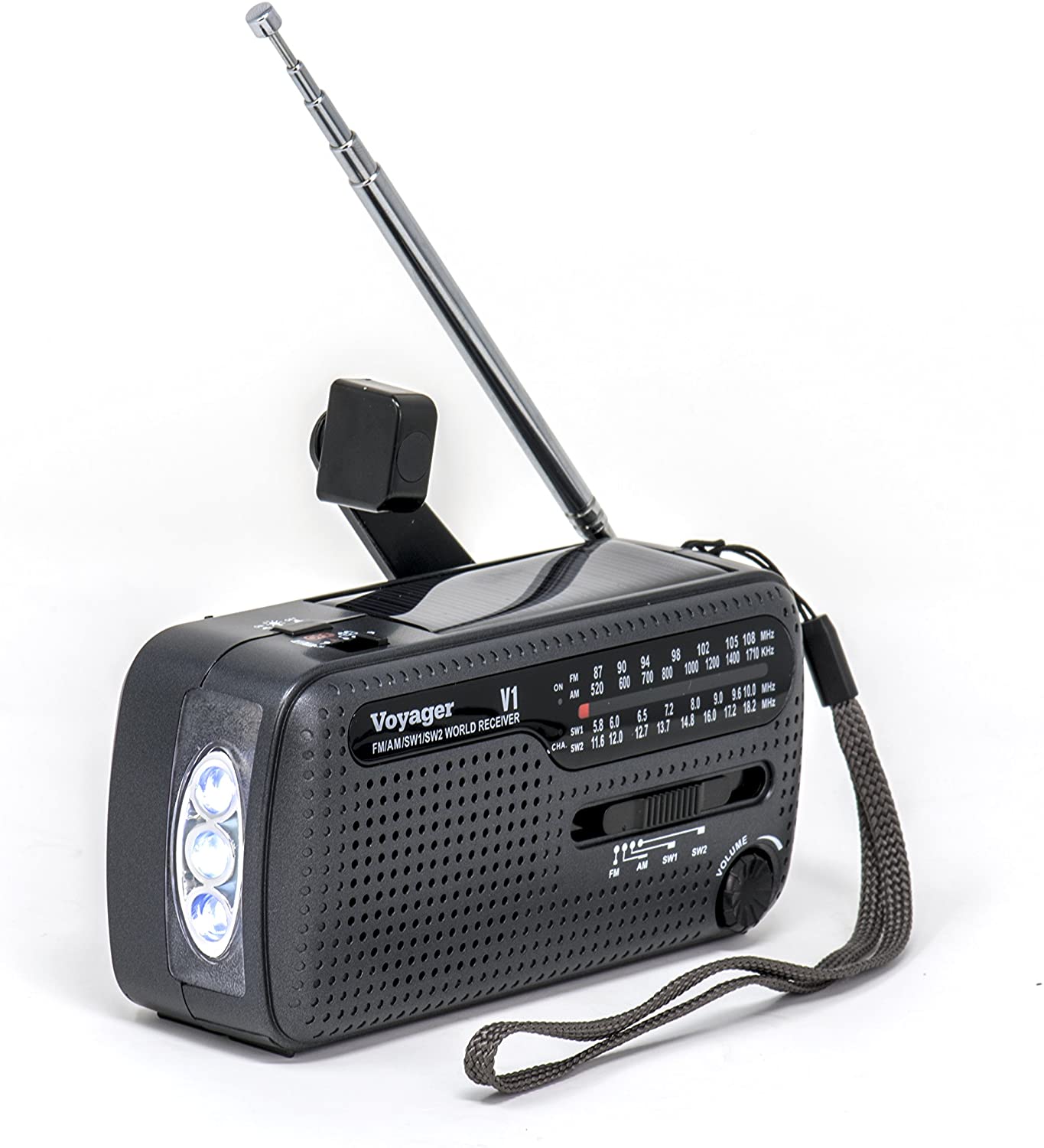 Kaito V1 Voyager Solar/Dynamo AM/FM/SW Emergency Weather Radio with USB Cell Phone Charger & 3 LED Flashlight - Portable Survival Gear for Camping, Hiking, Power Outages (Iron Gray)