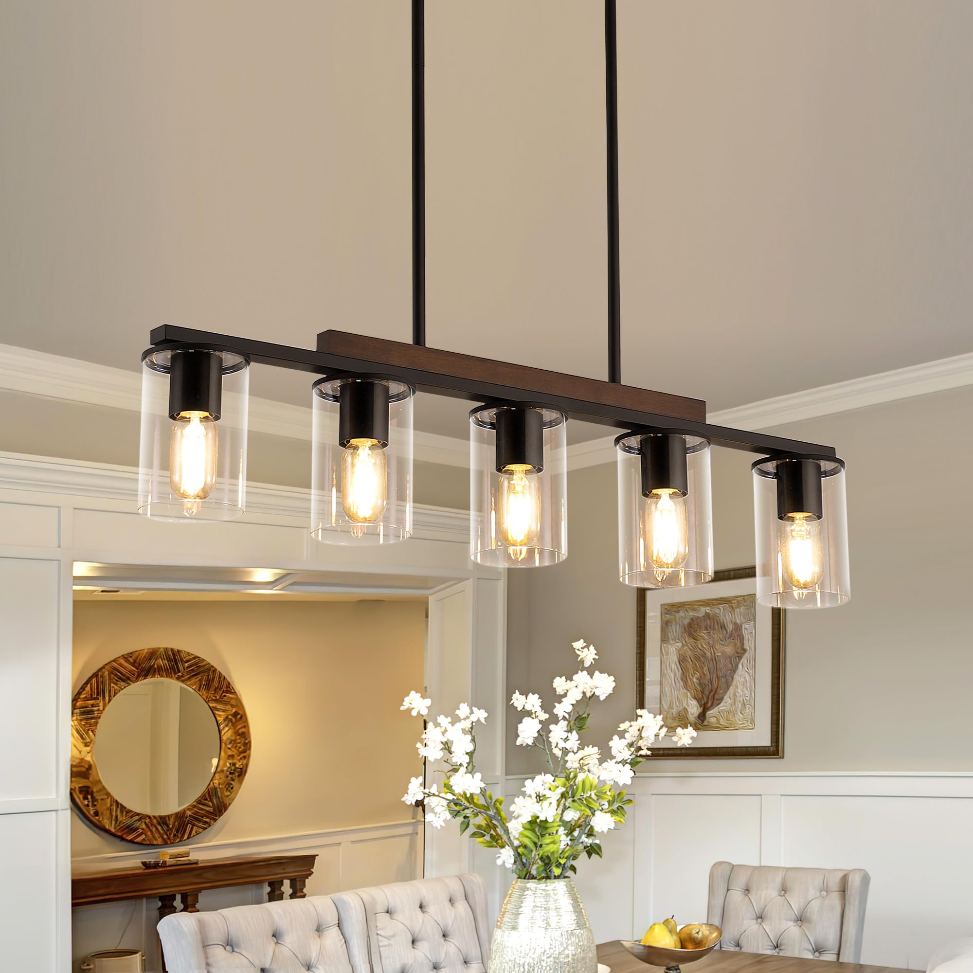 Farmhouse Style Black Wood Linear Chandelier - 5-Light Pendant Lighting for Dining Room & Kitchen Island | Perfect for Rustic Home Decor & Modern Farmhouse Interiors