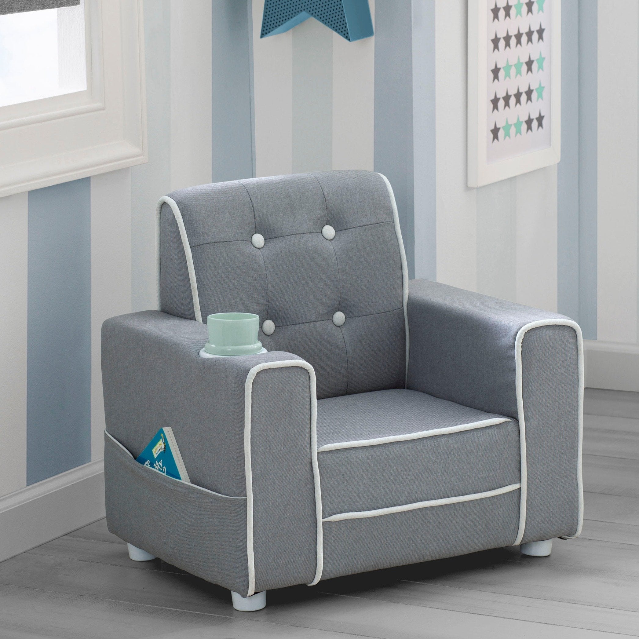 Chelsea Kids Upholstered Chair with Cup Holder - Comfortable Children's Armchair for Reading, Gaming & Relaxing - Perfect for Bedroom, Playroom or Nursery