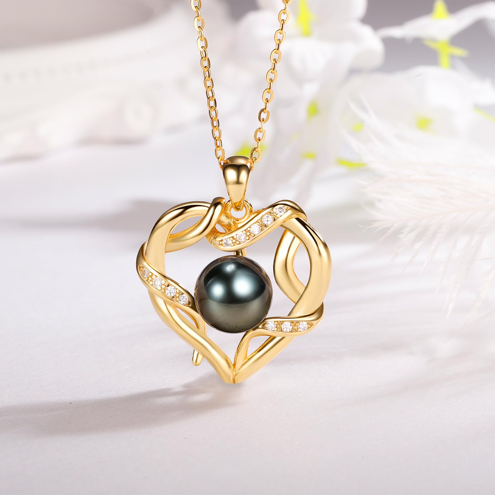 Tahitian Black Pearl Heart Necklace - 9-10mm Real Pearl Pendant for Women - Perfect Christmas, Anniversary, Birthday, Mother's Day & Valentine's Day Gift for Wife, Mom & Girlfriend - Elegant Jewelry for Special Occasions & Romantic Dates