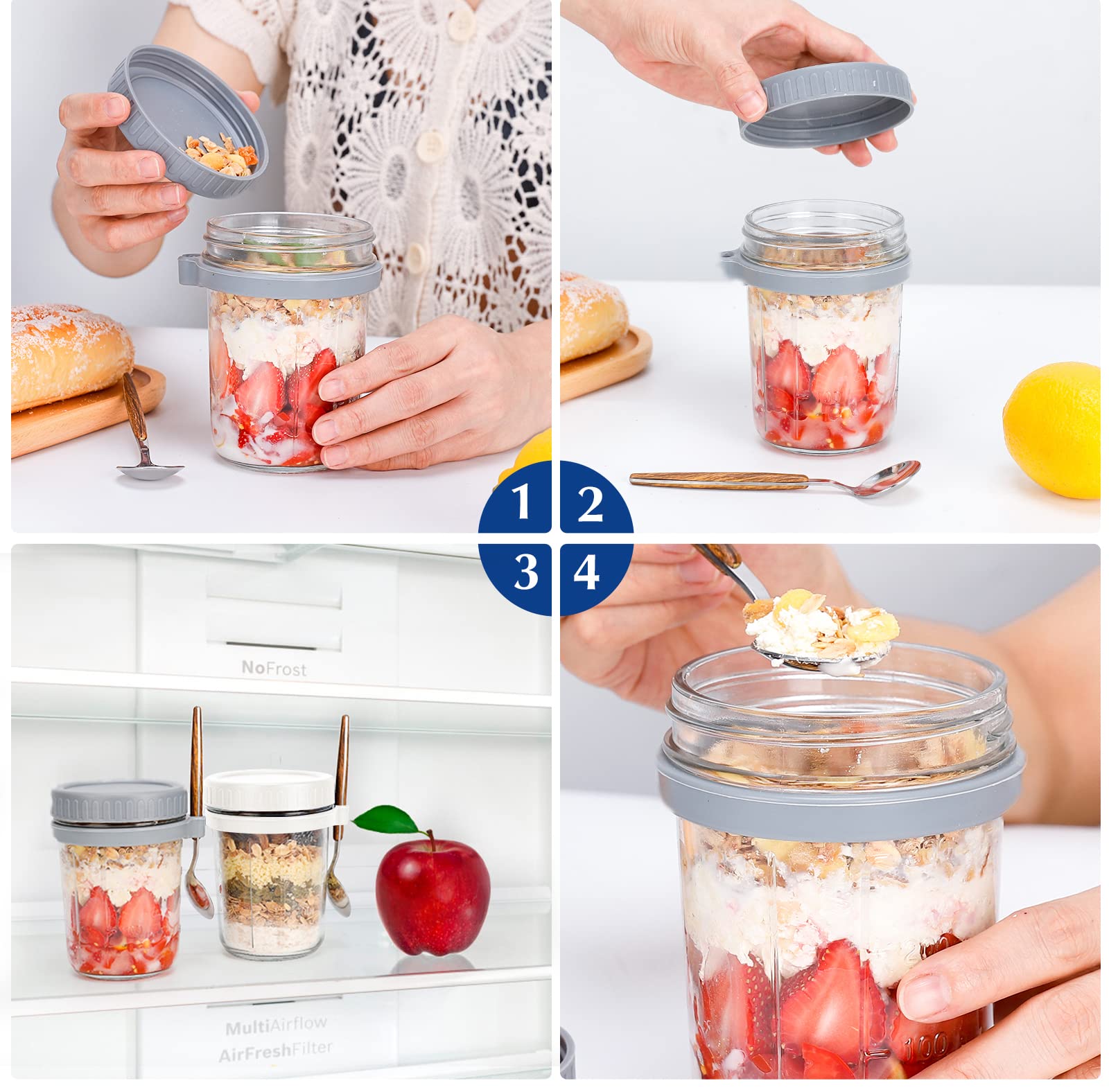 16 oz Overnight Oats Jars with Lid & Spoon - BPA-Free Meal Prep Containers for Cereal, Yogurt, Fruit Salad - Measuring Marks for Perfect Portions (White/Grey) | Ideal for Breakfast Meal Prep, Office Lunches & Healthy Snacks On-The-Go