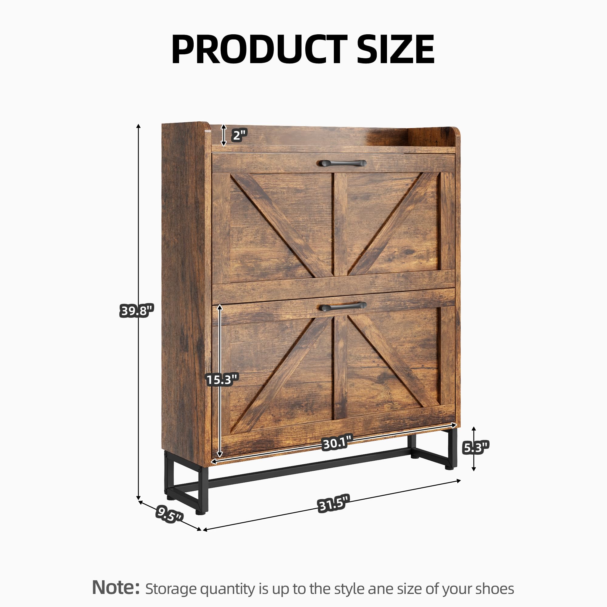 Freestanding Shoe Storage Cabinet with 2 Flip Drawers - Rustic Farmhouse Entryway Organizer with Metal Legs & Black Handle | Perfect for Small Spaces, Hallway, Mudroom & Closet Organization