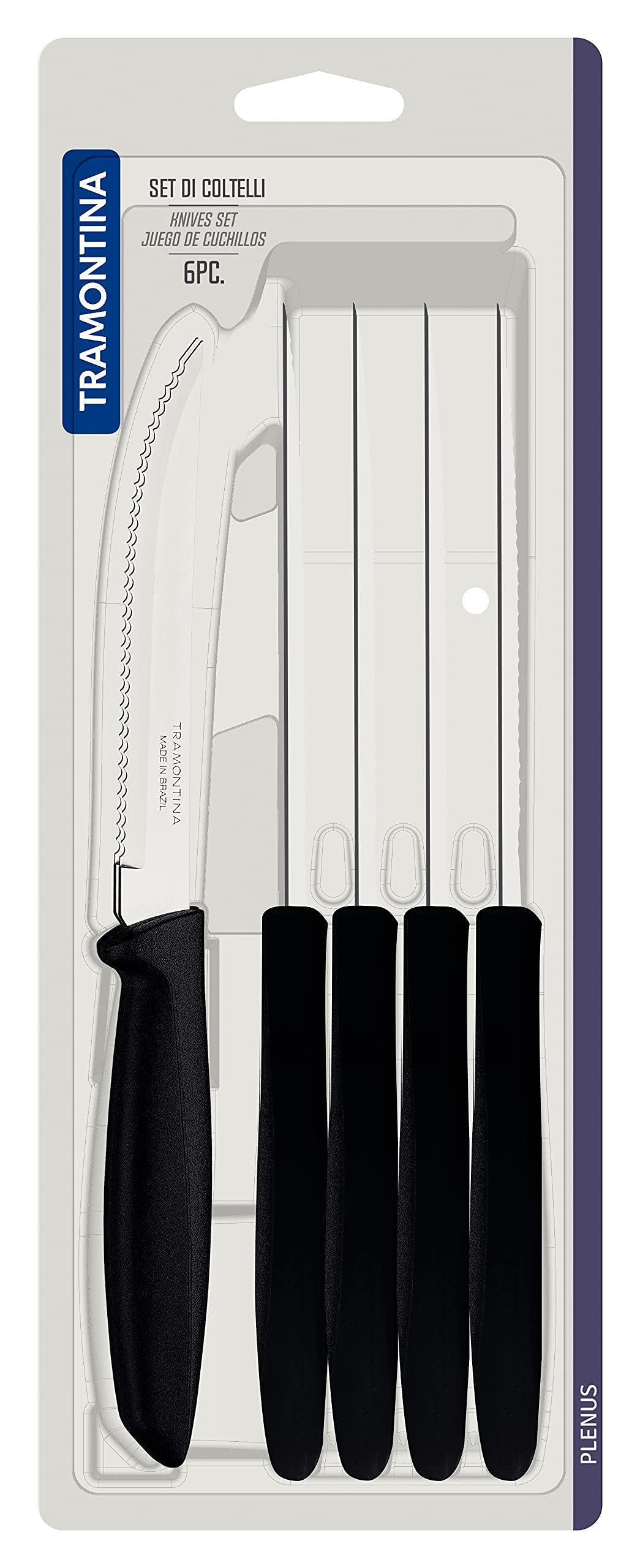 Tramontina 6-Piece Stainless Steel Kitchen Knife Set - Serrated Fruit & Tomato Knife, Vegetable Chopper, Peeler with Pointed Tip - Black (23498054) - Perfect for Home Cooking, Meal Prep & Professional Kitchens