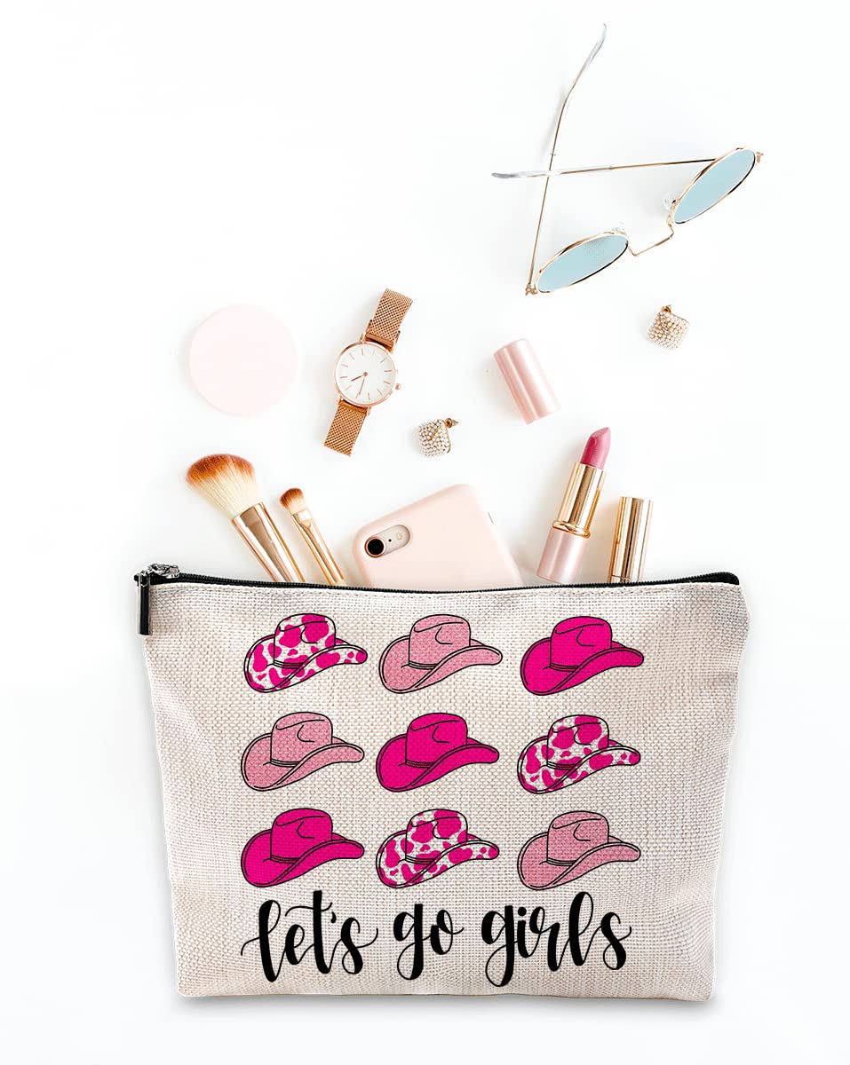 Let's Go Girls Hot Pink Preppy Cowgirl Hats Makeup Bag - Western Country Cosmetic Pouch for Women & Teen Girls - Perfect Christmas Birthday Gift - Cowgirl Themed Accessories for Travel, Rodeo & Country Music Festivals